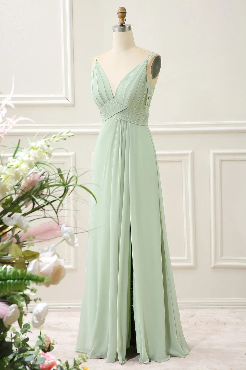 Dusty Sage A Line Spaghetti Straps Pleated Chiffon Maxi Dress