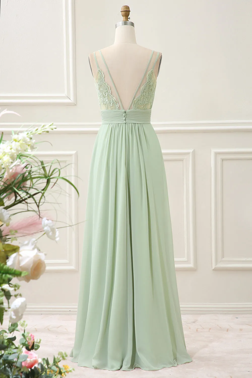 Dusty Sage A Line Spaghetti Straps Pleated Chiffon Maxi Dress