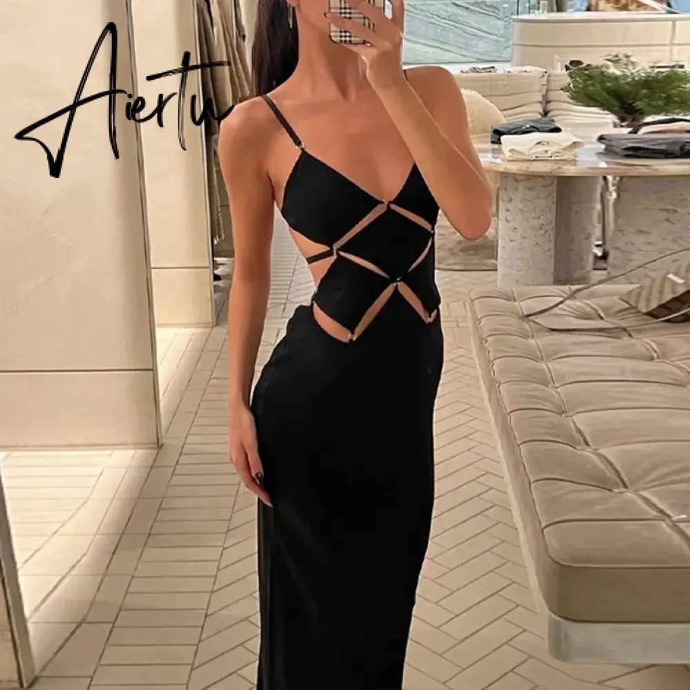 Elegant Black Hollow Out Slip Dress Sexy Summer Outfits for Women Sleeveless Backless Bodycon Maxi Evening Party Dresses