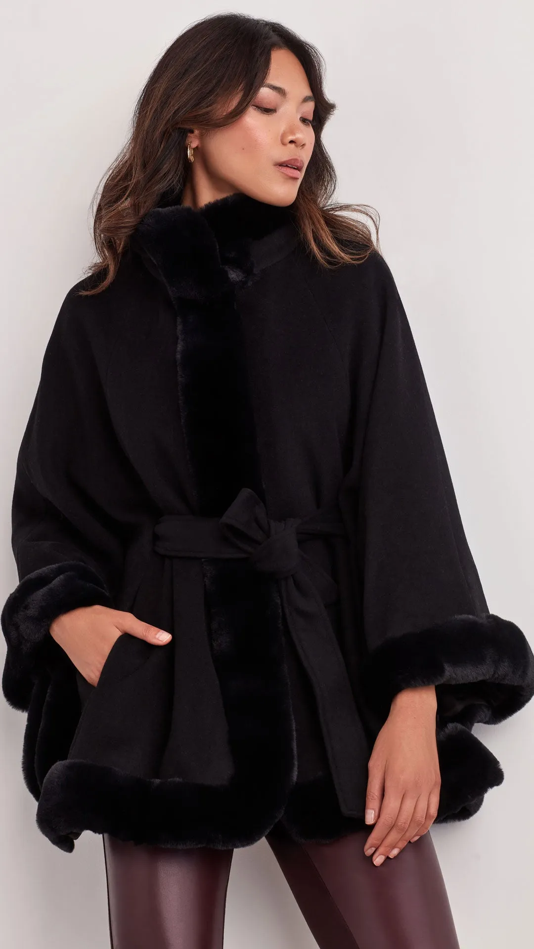 FAUX FUR TRIMMED WOOL CAPE