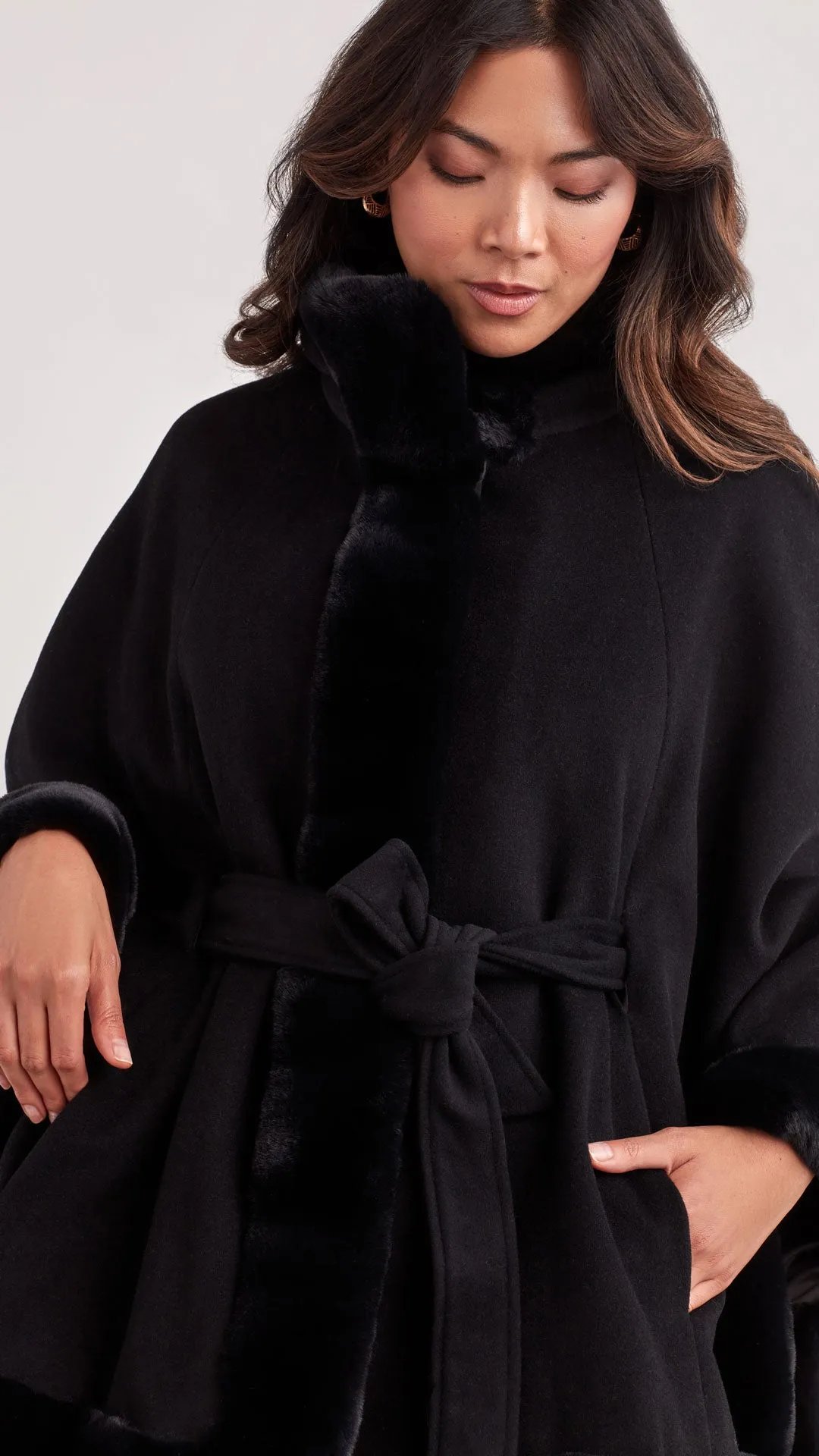 FAUX FUR TRIMMED WOOL CAPE