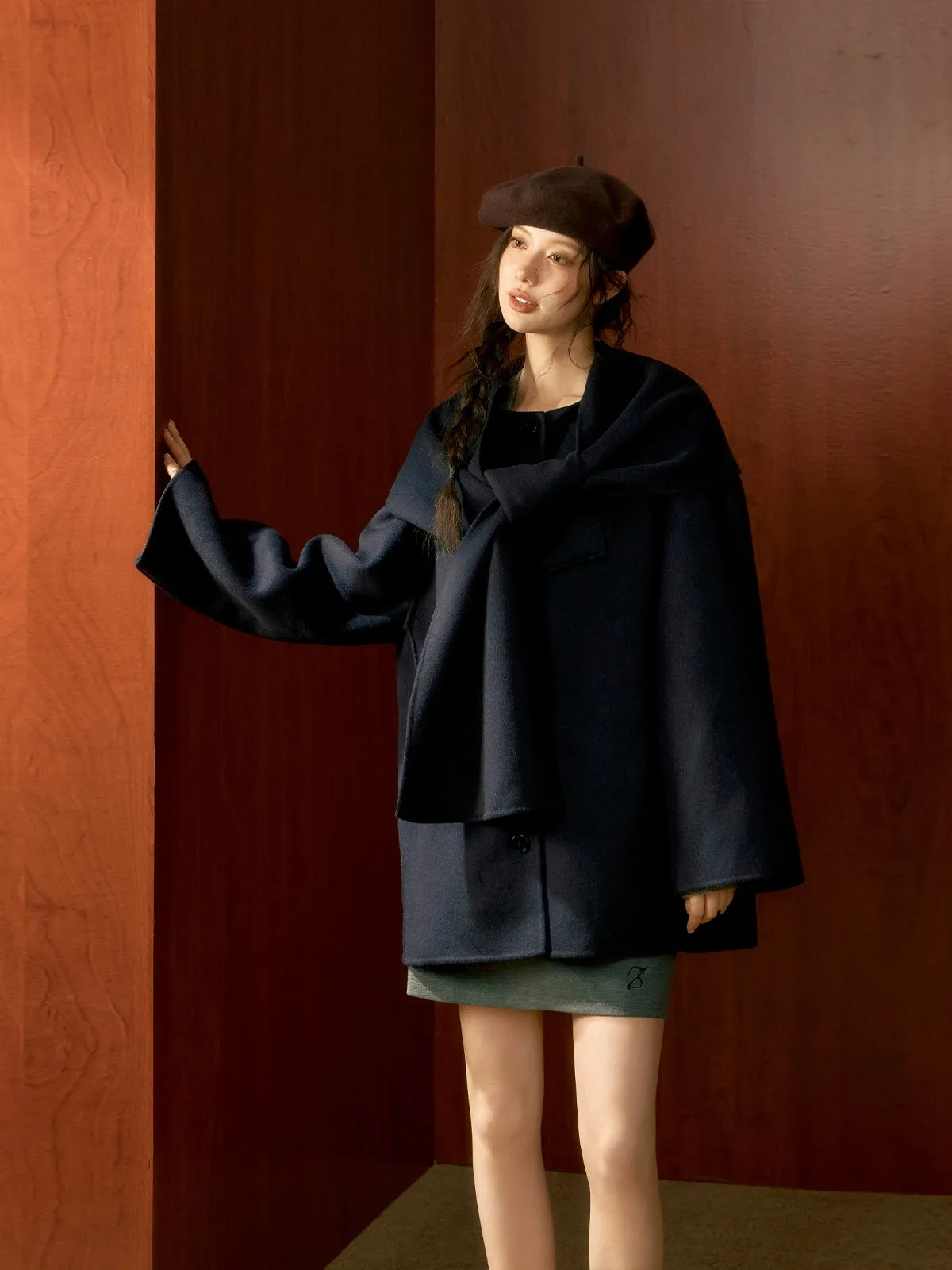 (Final Sale) Off-white & Blue Wool Cape Coat