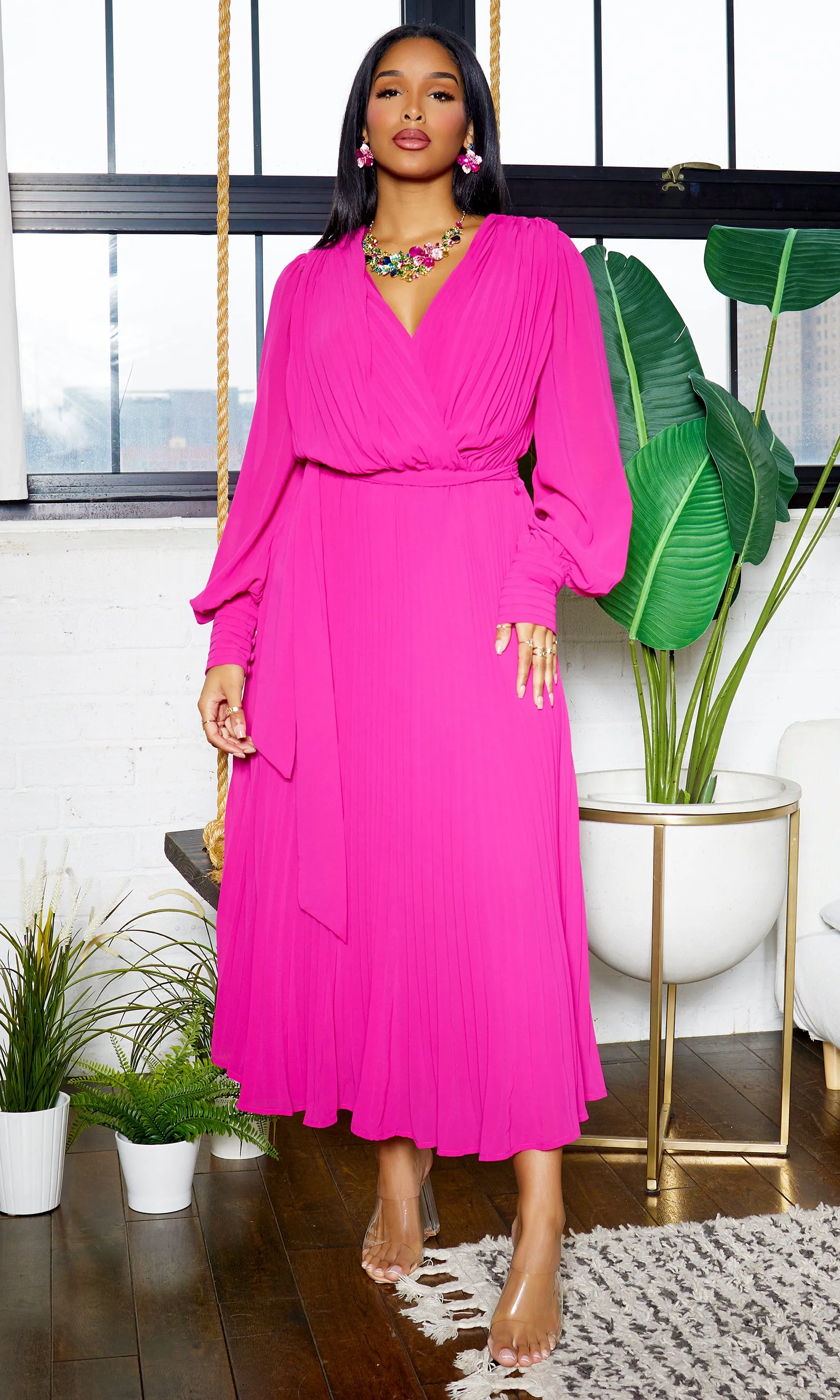 First Lady | Long Sleeve Pleated Dress - Magenta