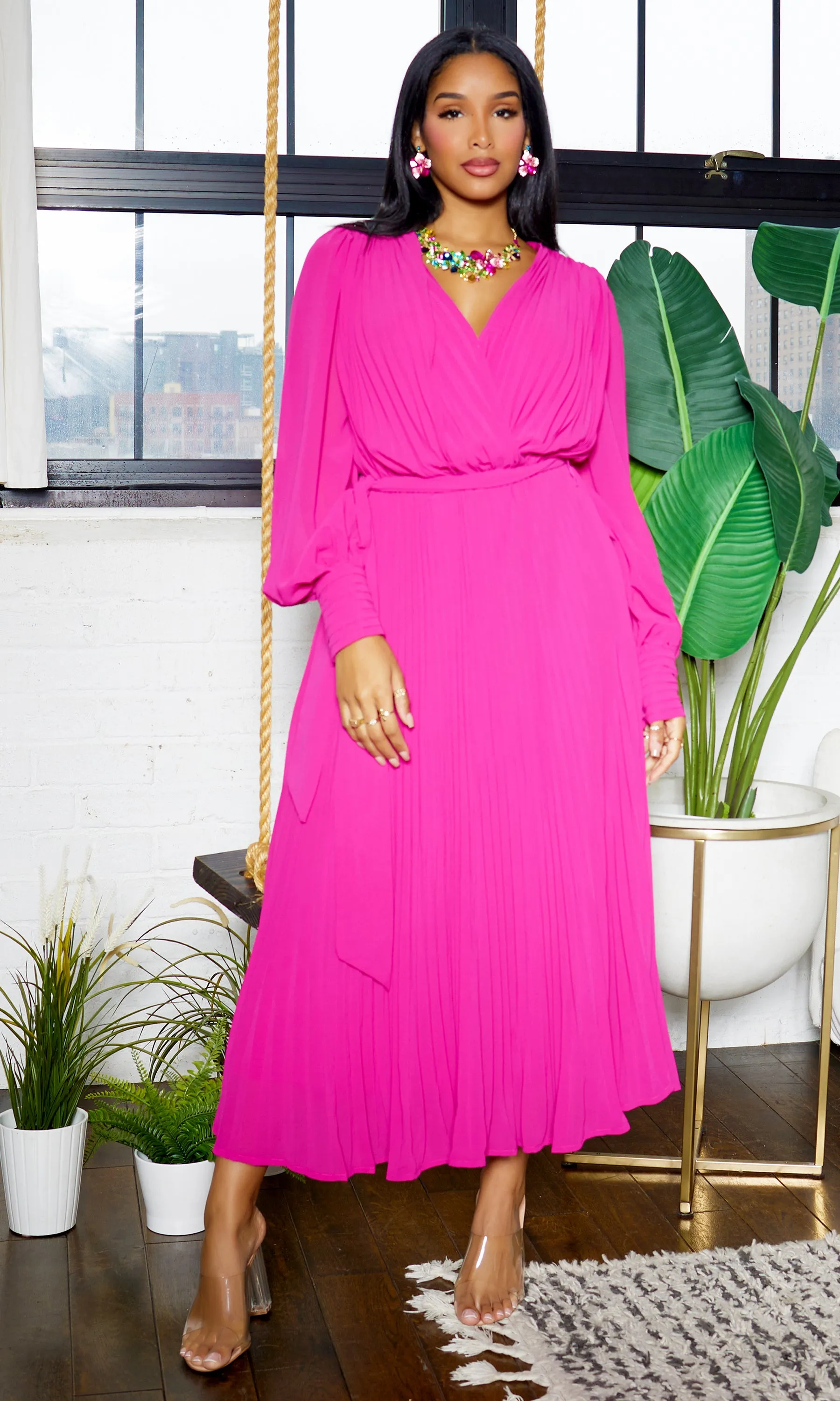 First Lady | Long Sleeve Pleated Dress - Magenta