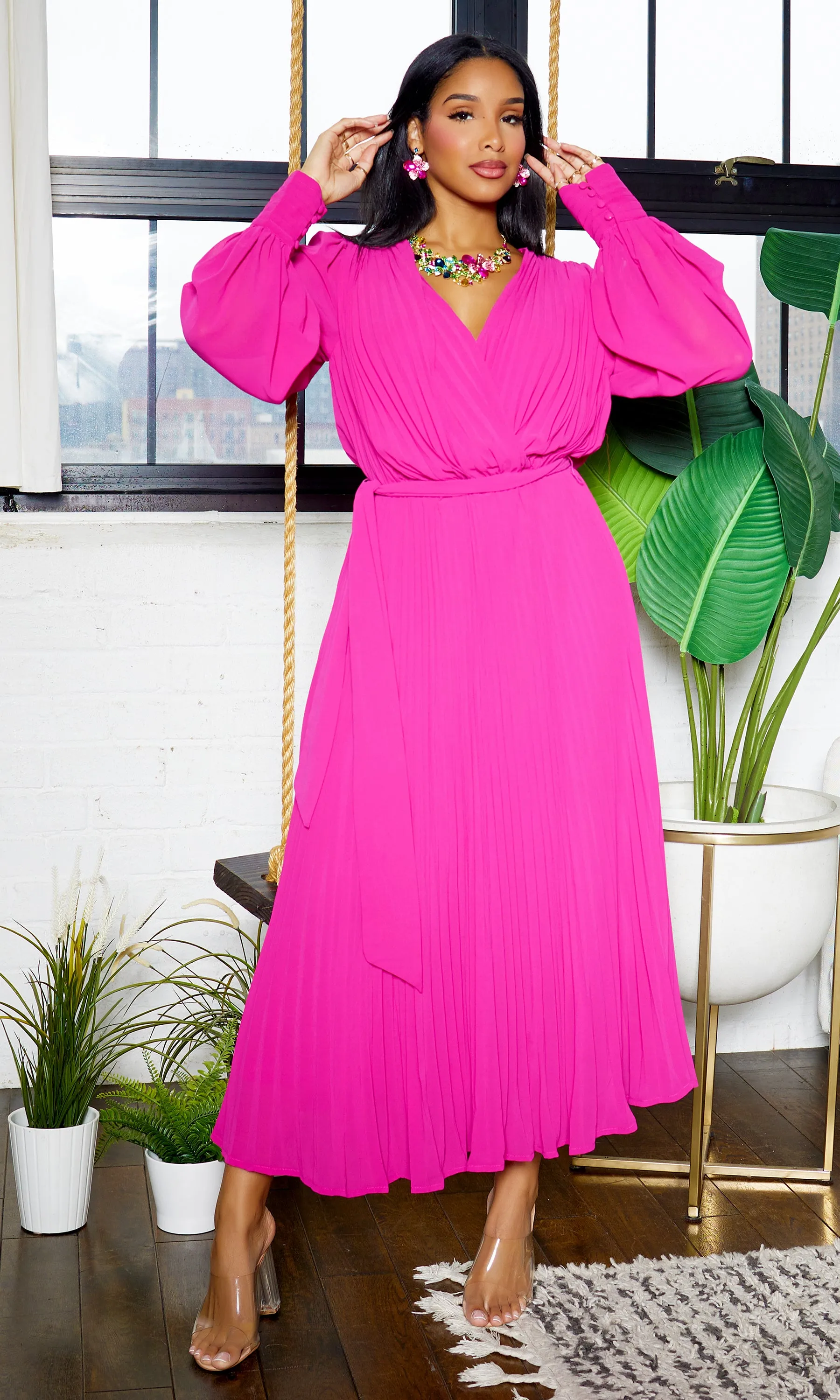 First Lady | Long Sleeve Pleated Dress - Magenta