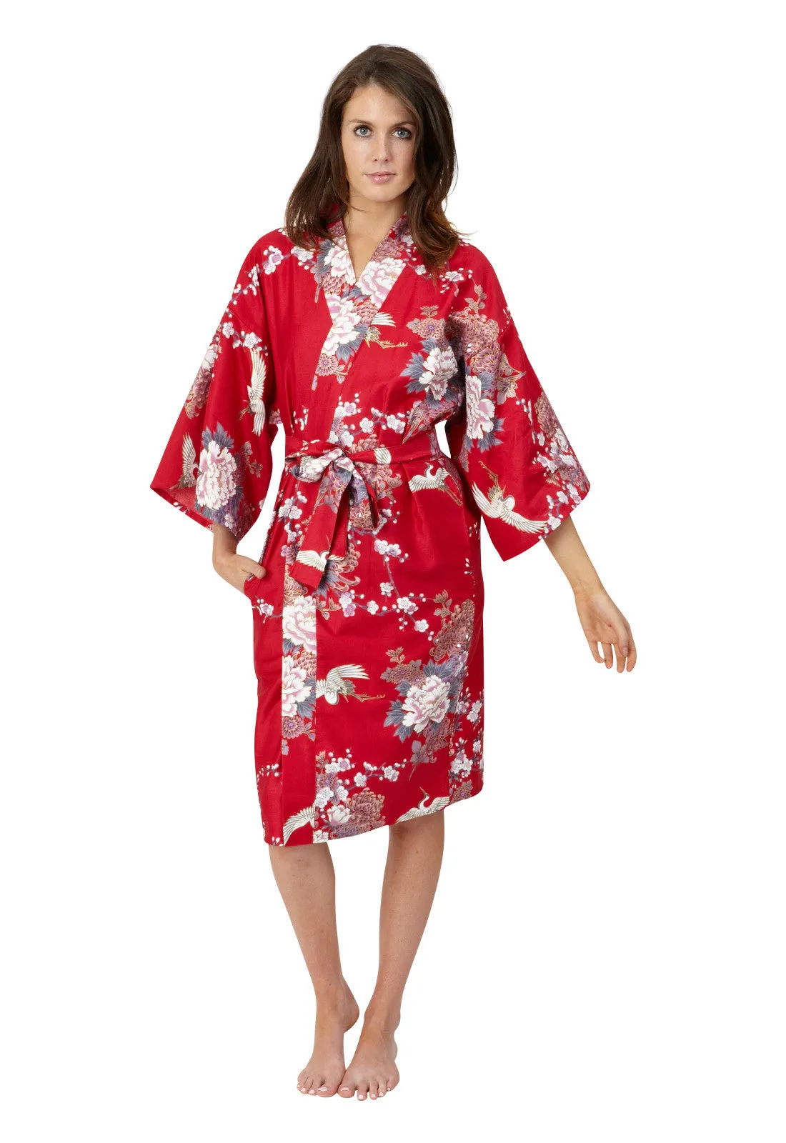 Flying Crane & Peony Short Cotton Happi Coat Kimono