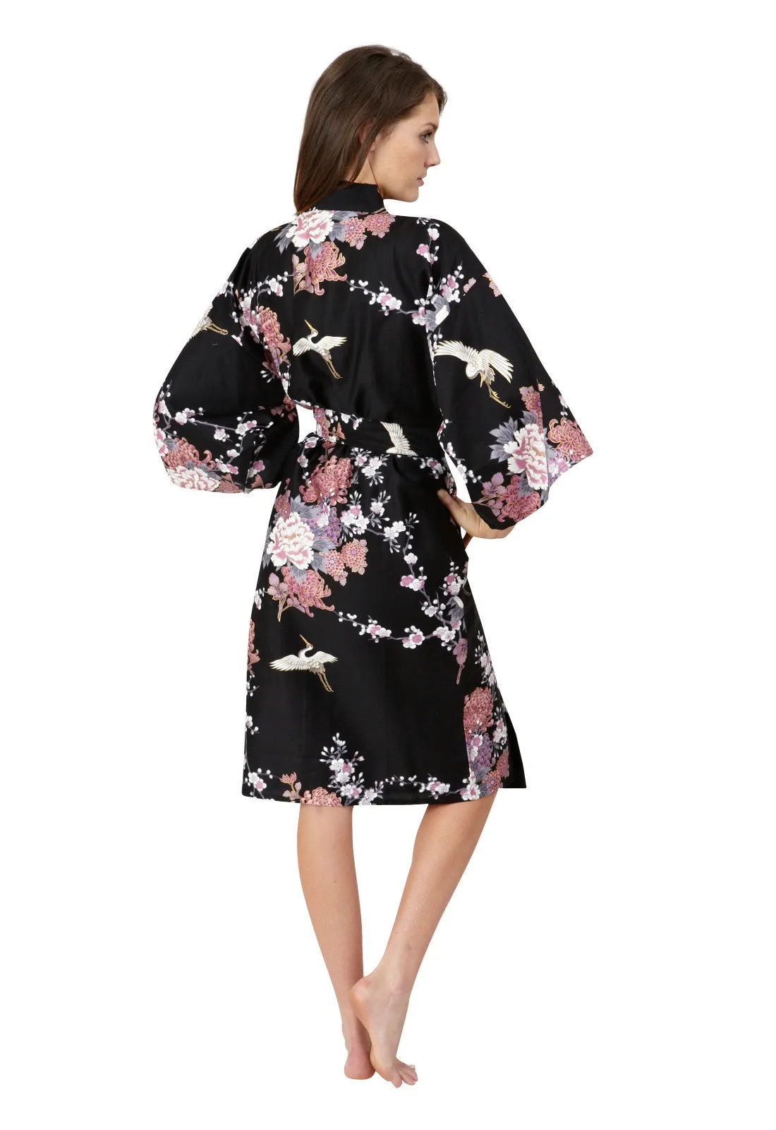 Flying Crane & Peony Short Cotton Happi Coat Kimono