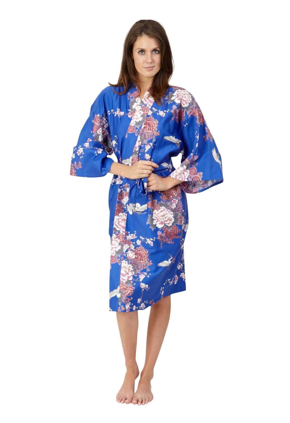 Flying Crane & Peony Short Cotton Happi Coat Kimono