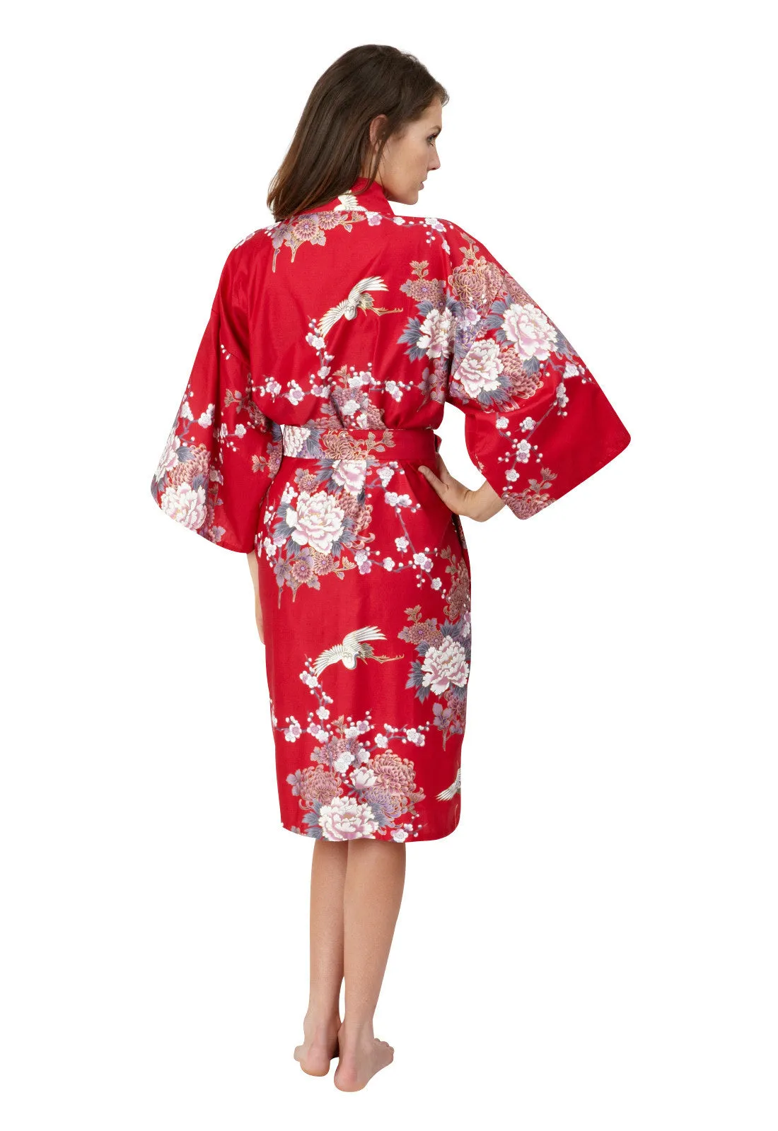 Flying Crane & Peony Short Cotton Happi Coat Kimono