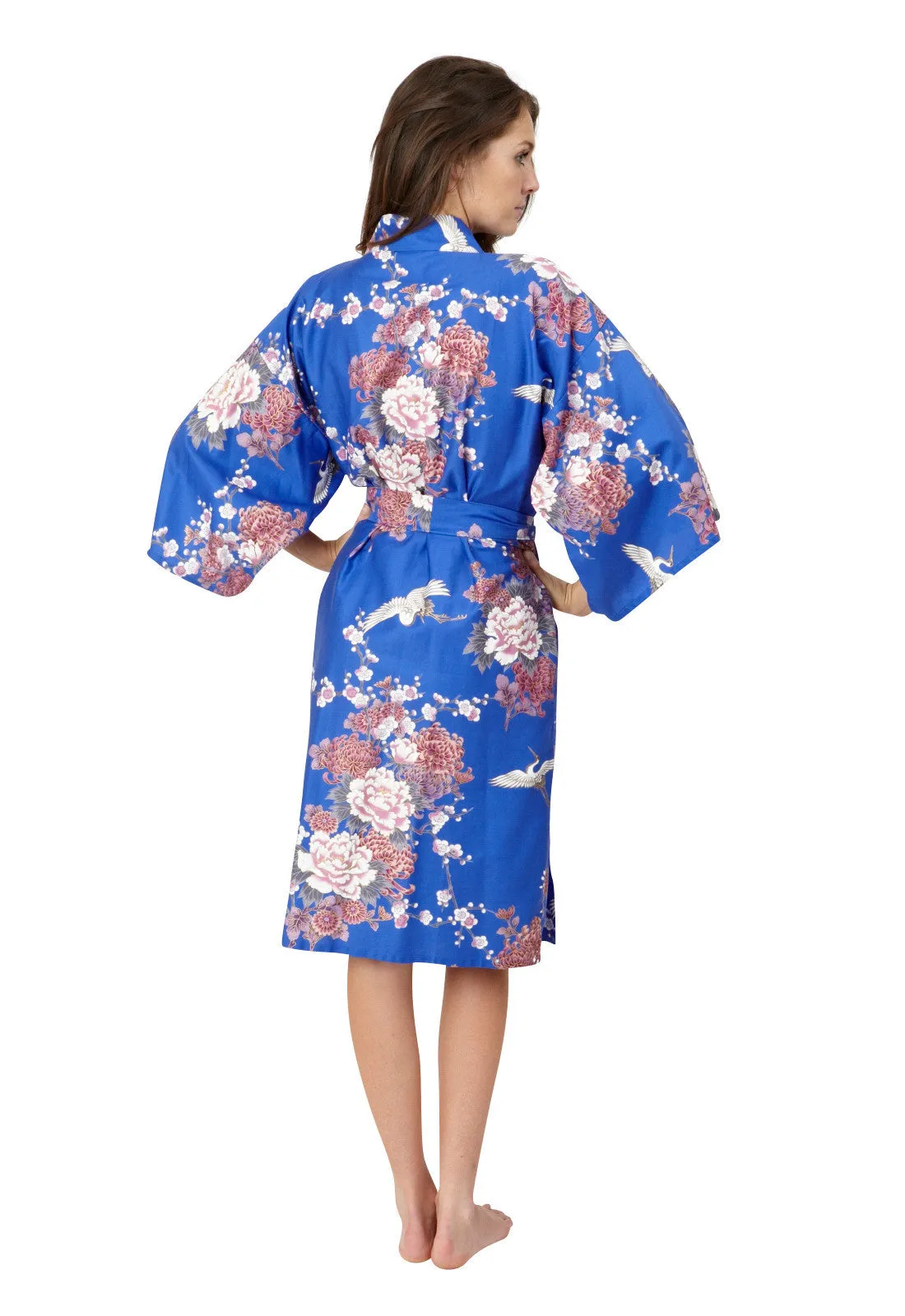 Flying Crane & Peony Short Cotton Happi Coat Kimono