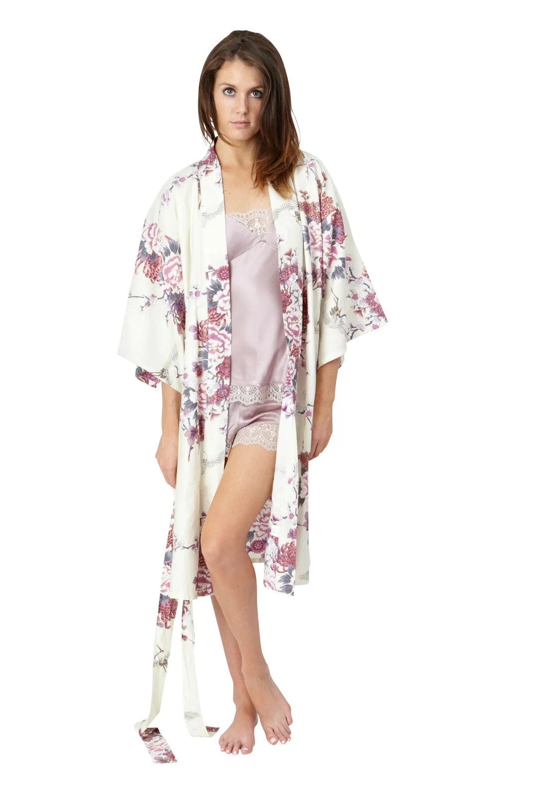 Flying Crane & Peony Short Cotton Happi Coat Kimono