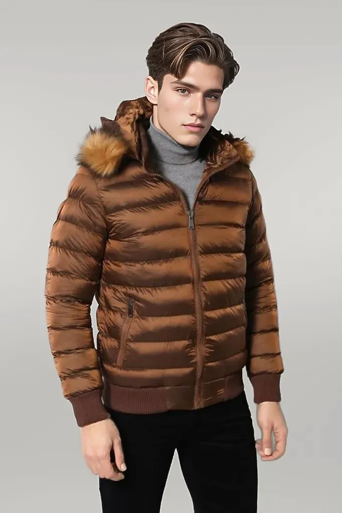 Fur Hooded Men's Puffer Coat in Tan | Wessi