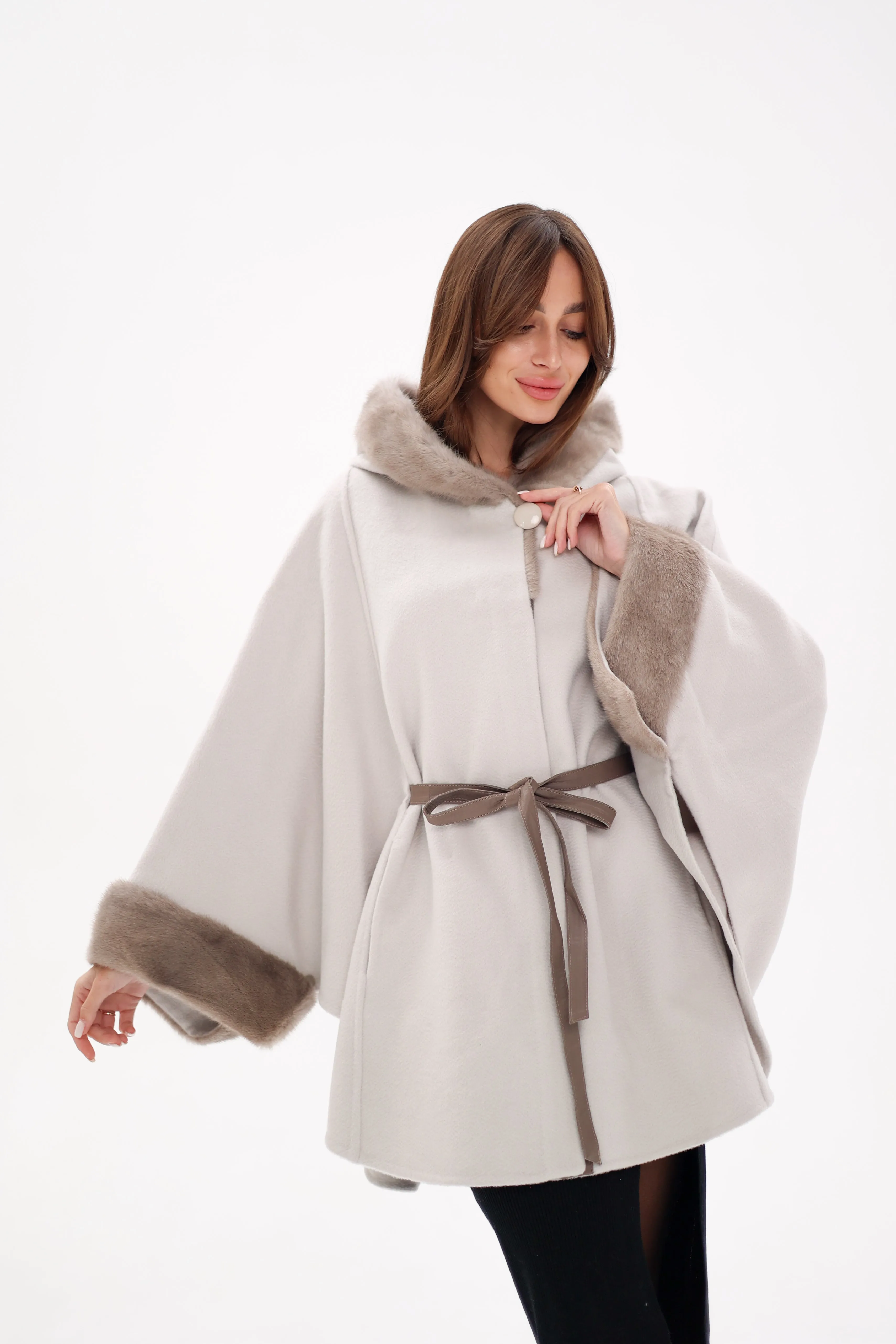 Genuine Mink Fur Double Face Wool Hooded Poncho