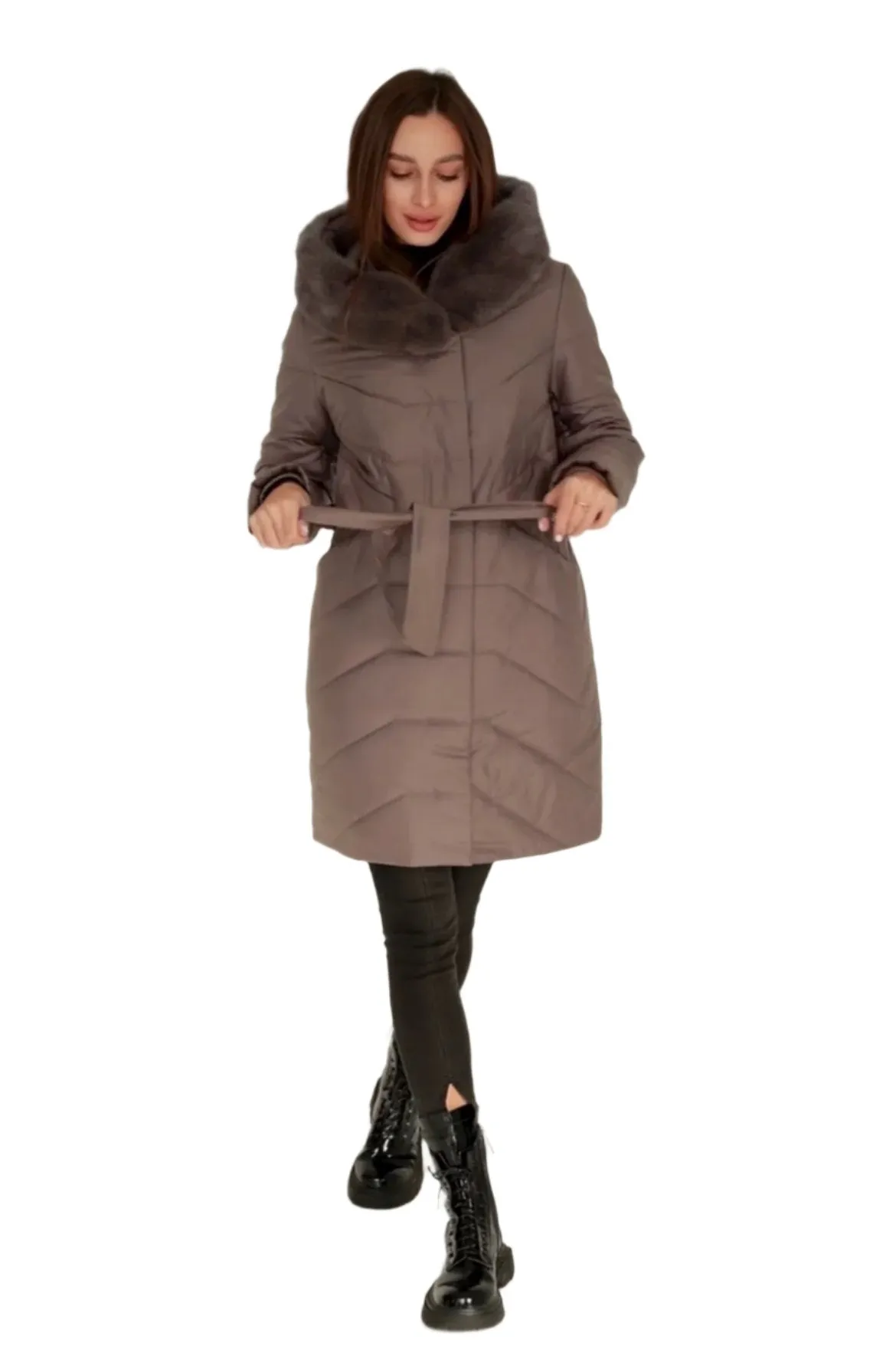 Genuine Mink Fur Trim Camel Wool Fill Coat