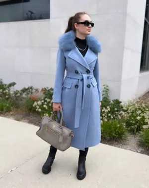 Genuine Polar Fox Collar Cashmere Wool Coat