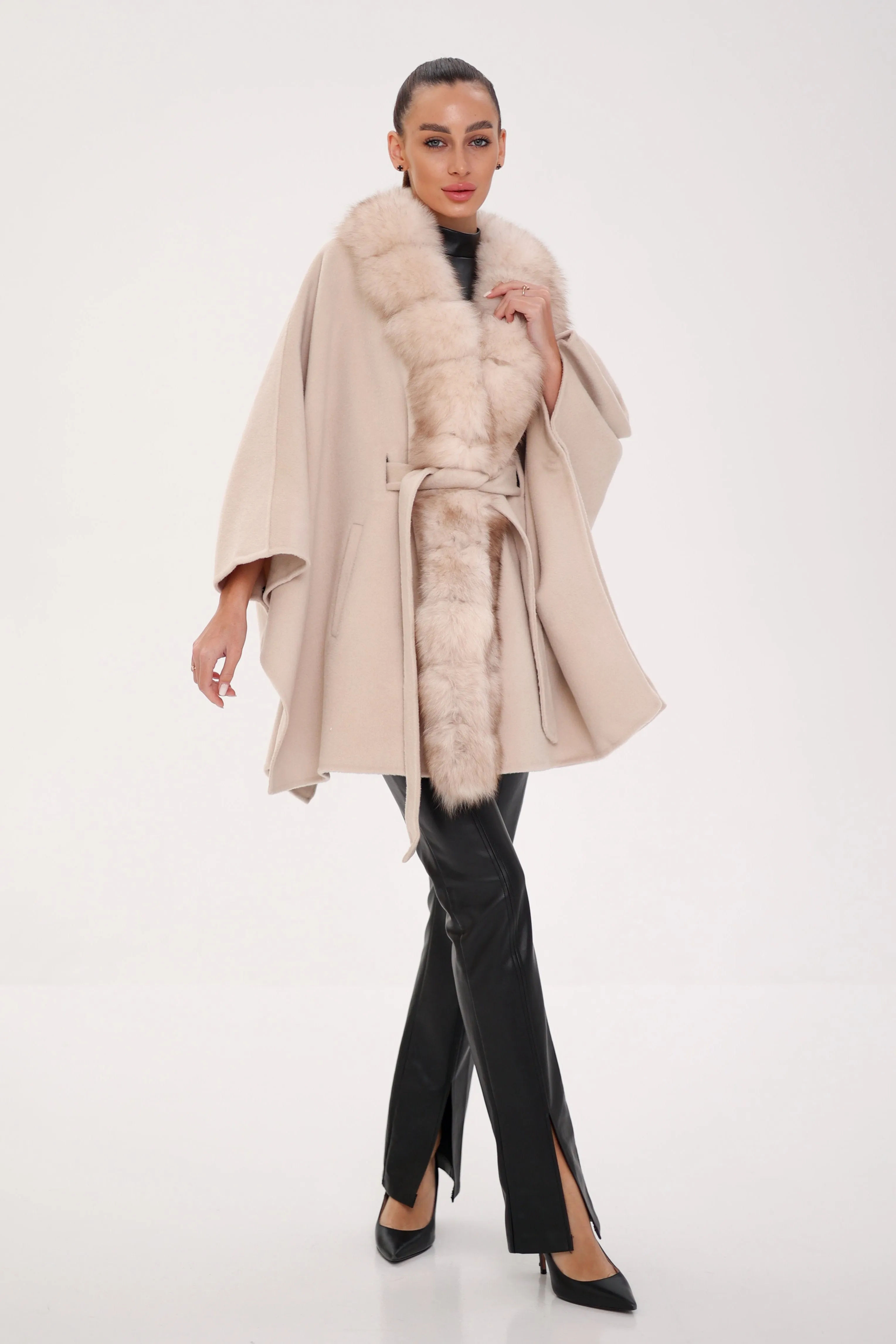 Genuine Polar Fox Double Face Wool Poncho Coat