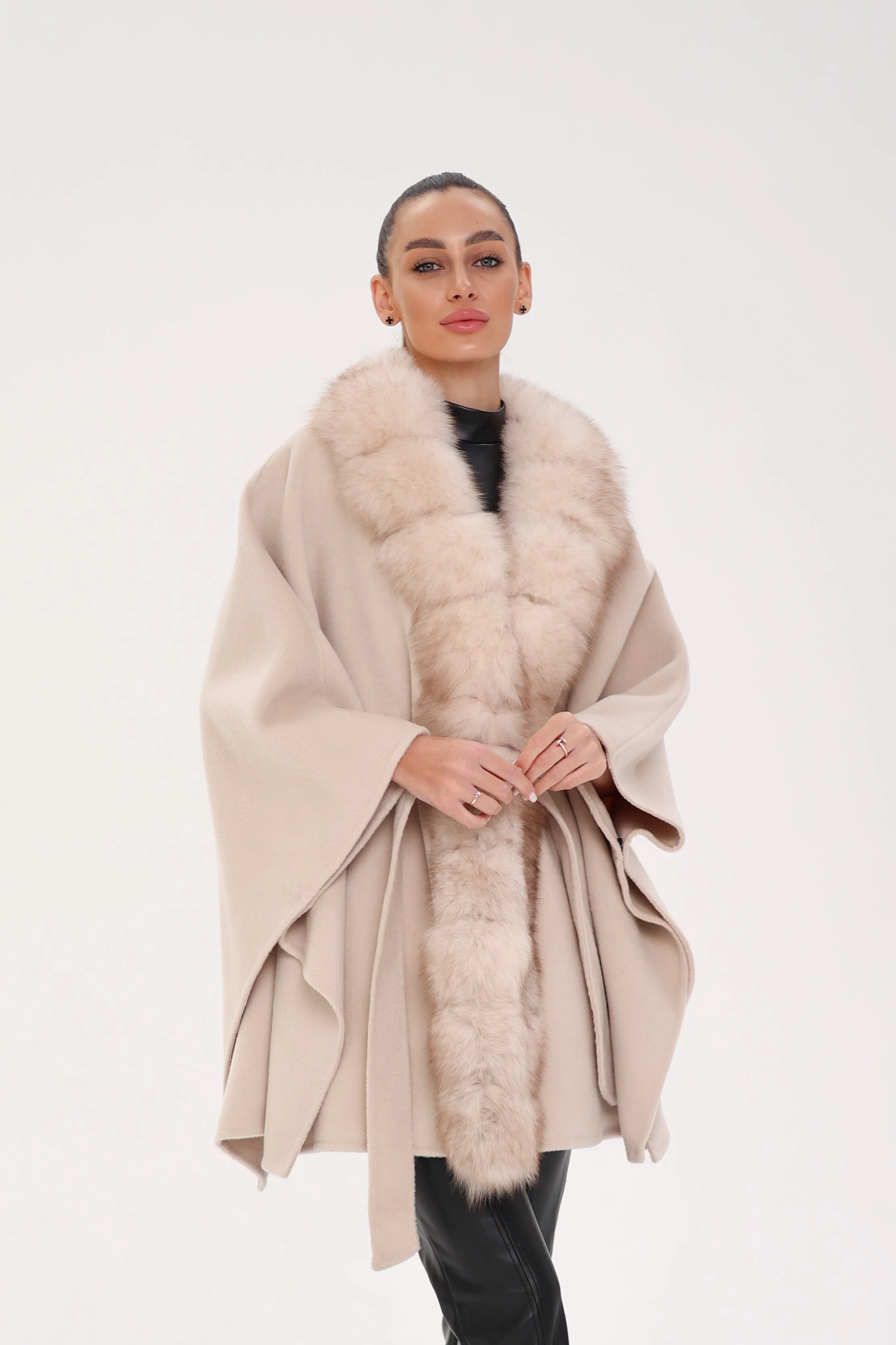 Genuine Polar Fox Double Face Wool Poncho Coat