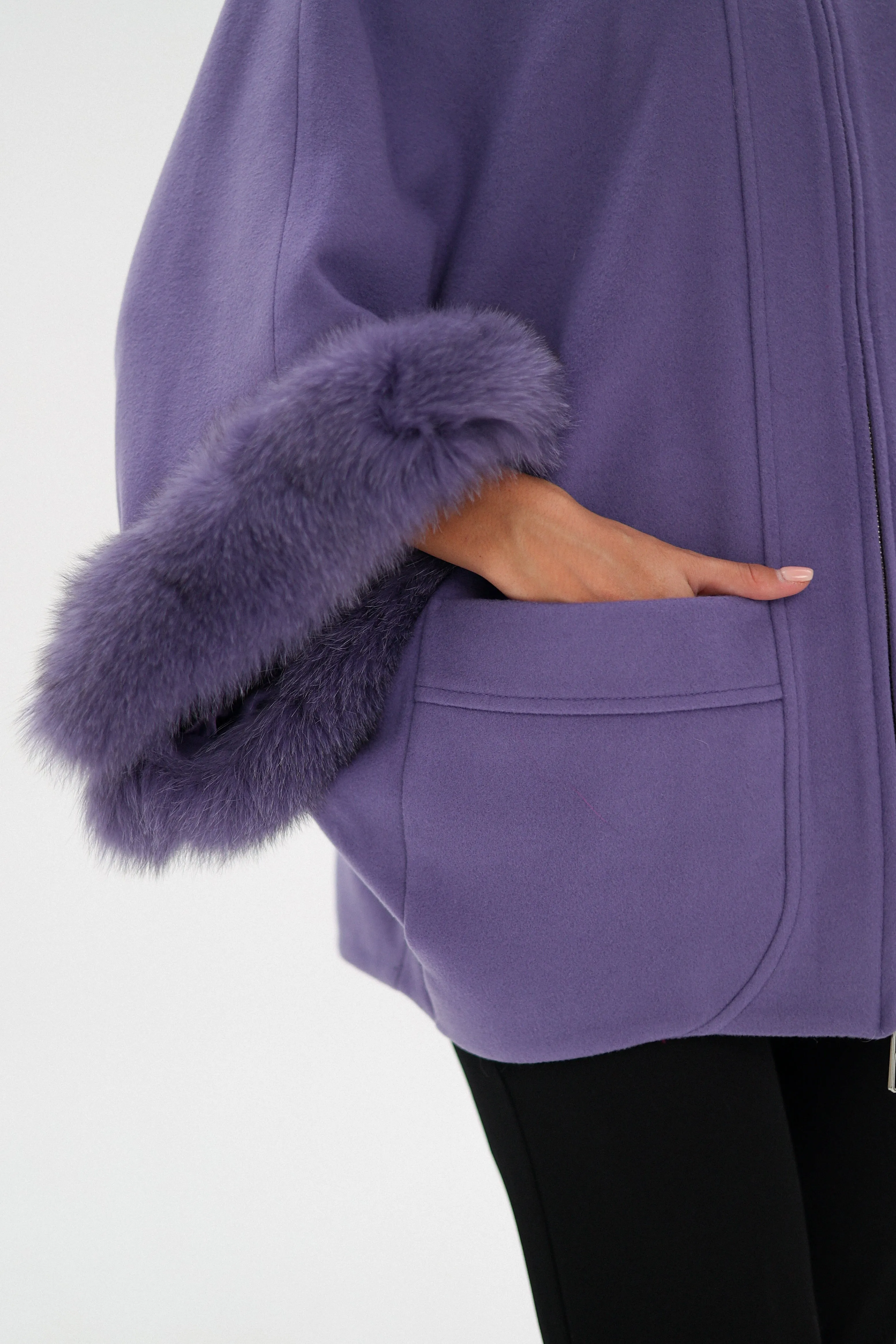 Genuine Polar Fox Fur Cashmere Blend Coat in Moonlit Orchid