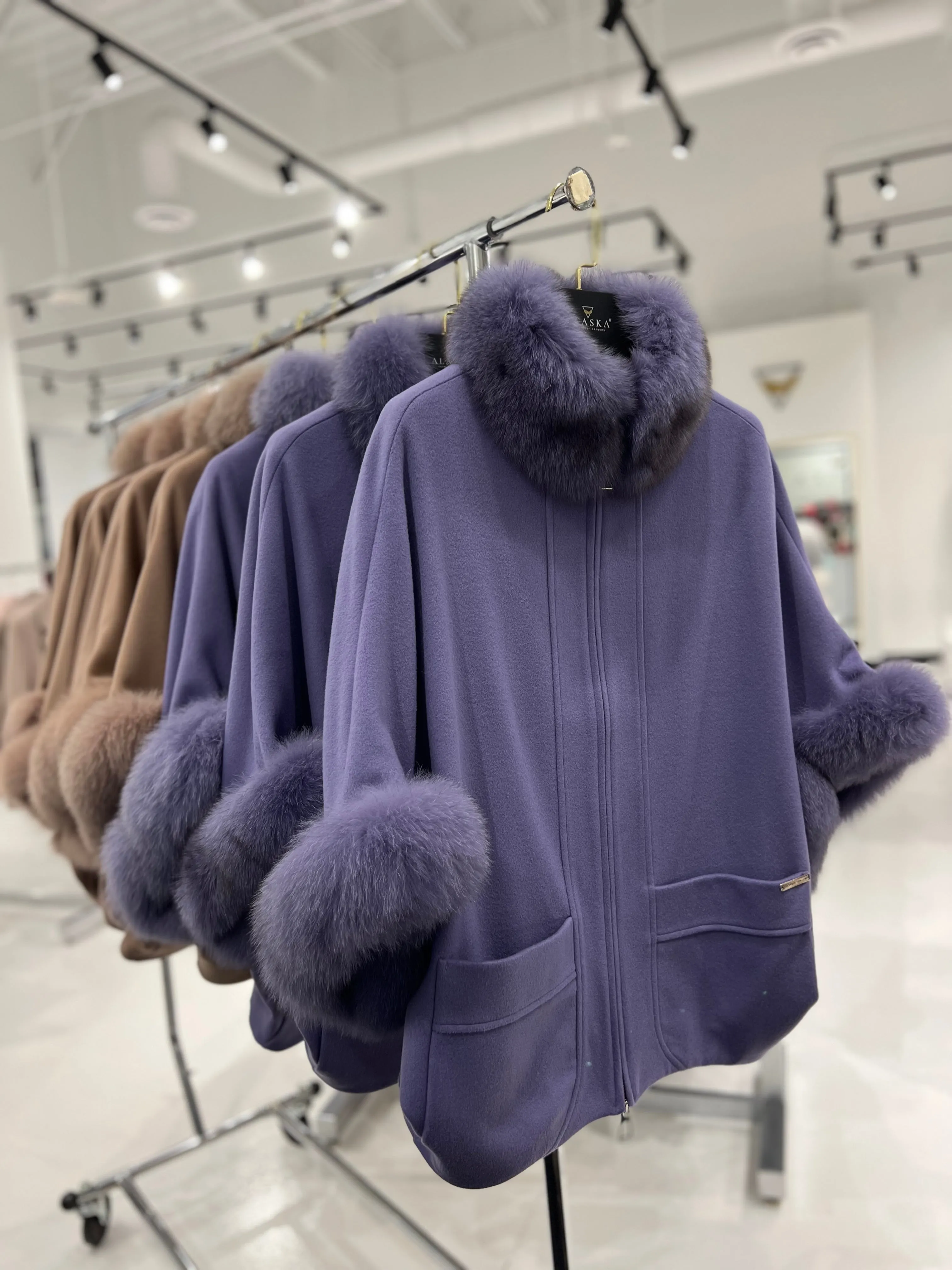 Genuine Polar Fox Fur Cashmere Blend Coat in Moonlit Orchid