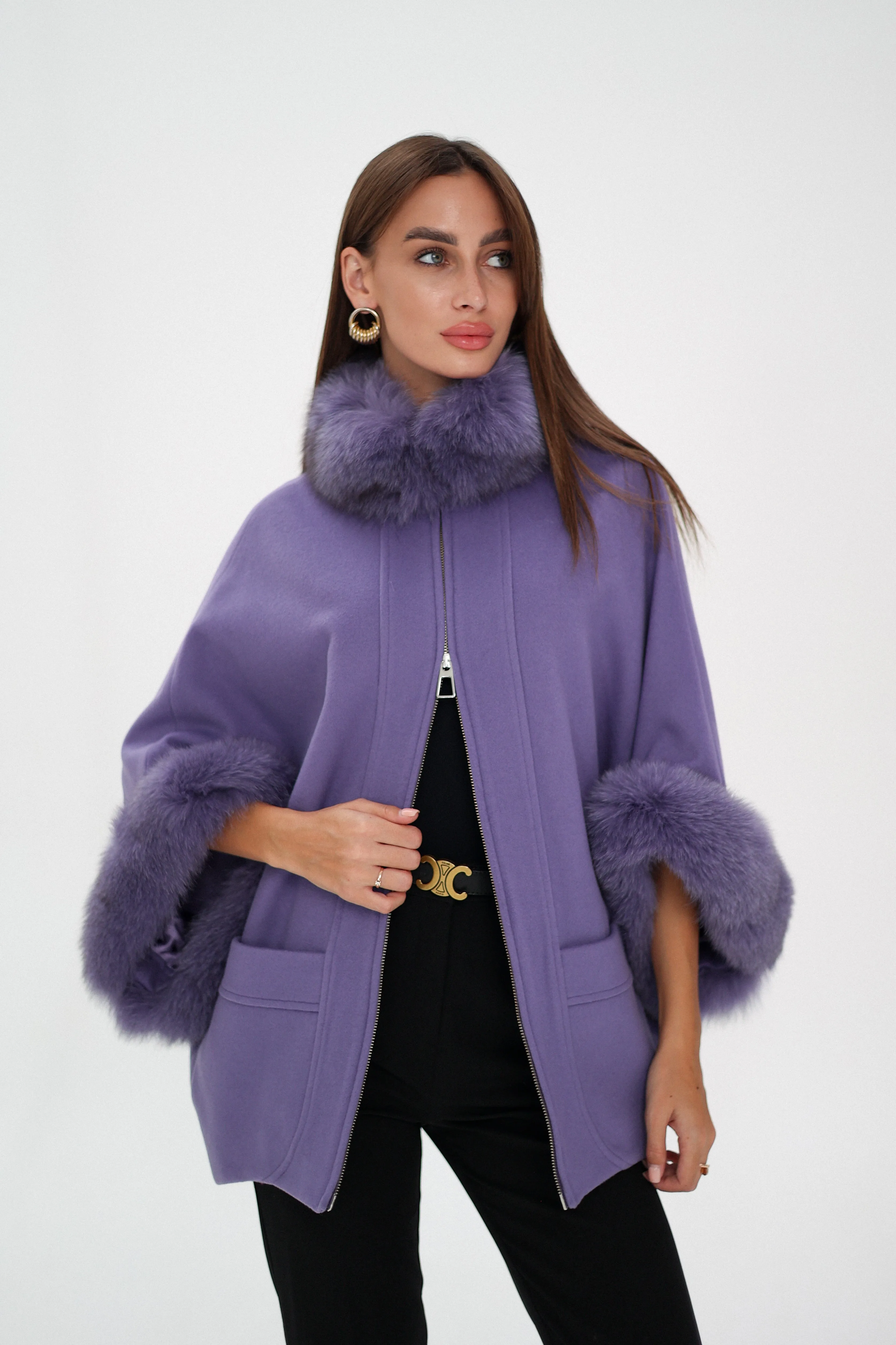 Genuine Polar Fox Fur Cashmere Blend Coat in Moonlit Orchid