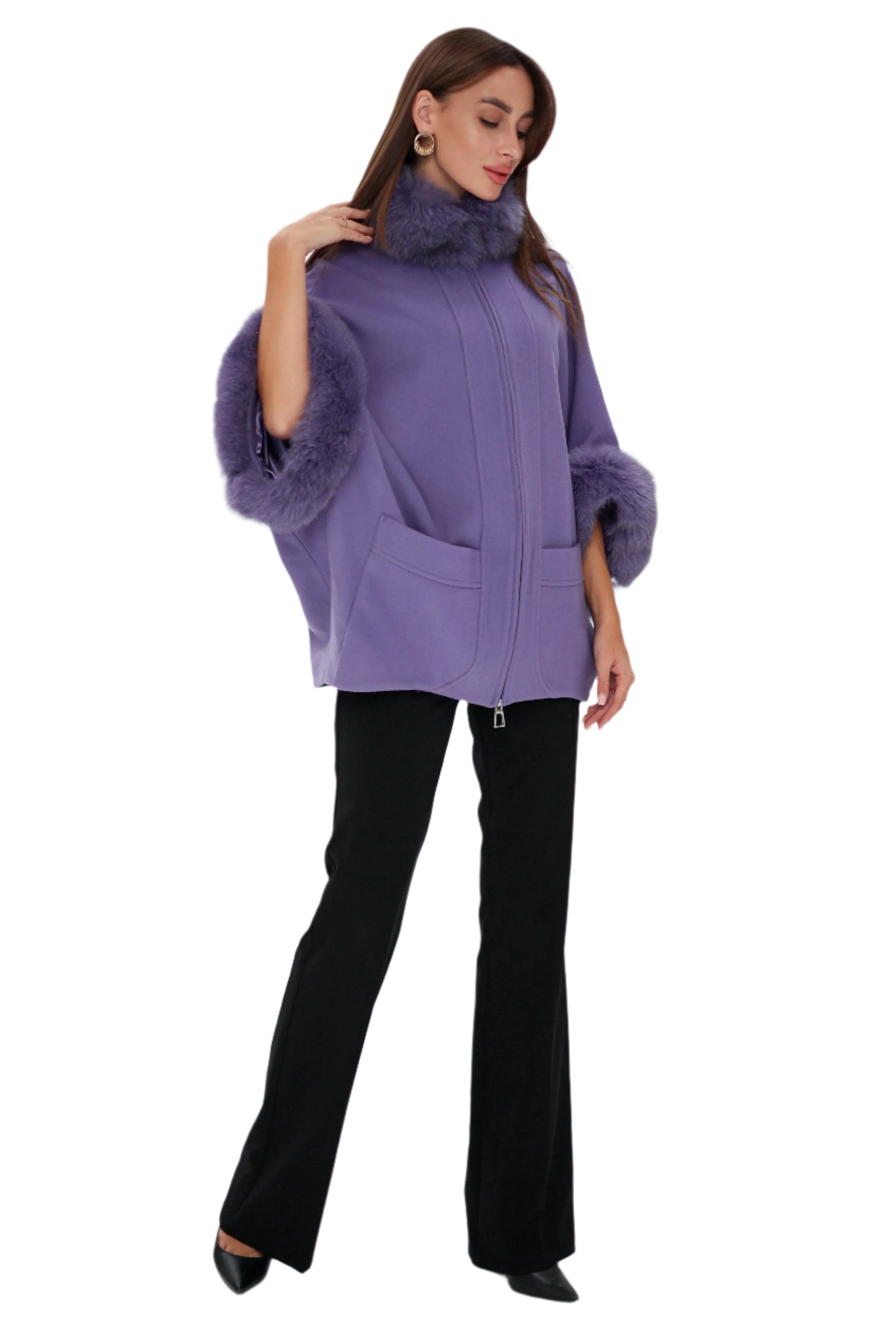 Genuine Polar Fox Fur Cashmere Blend Coat in Moonlit Orchid