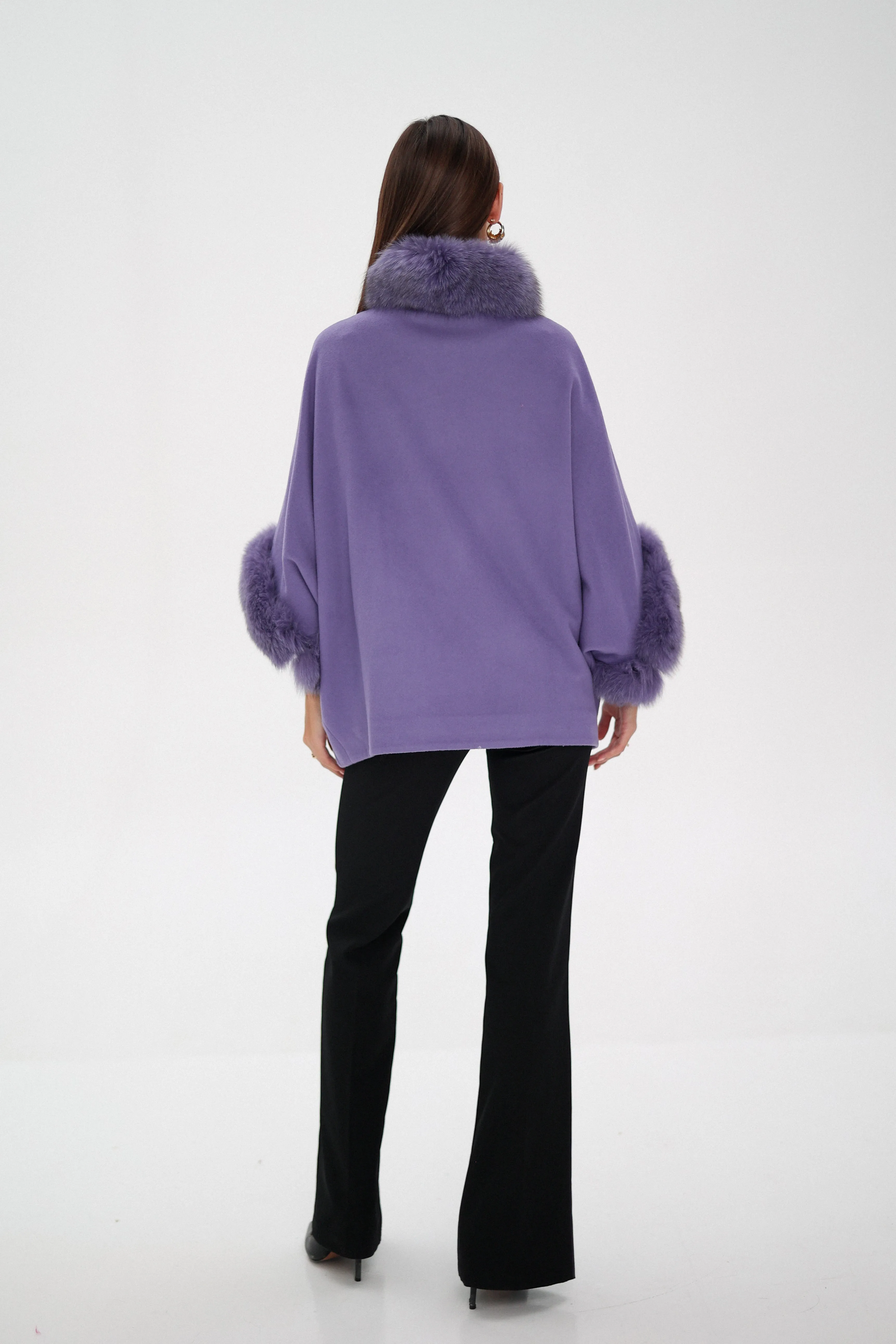 Genuine Polar Fox Fur Cashmere Blend Coat in Moonlit Orchid