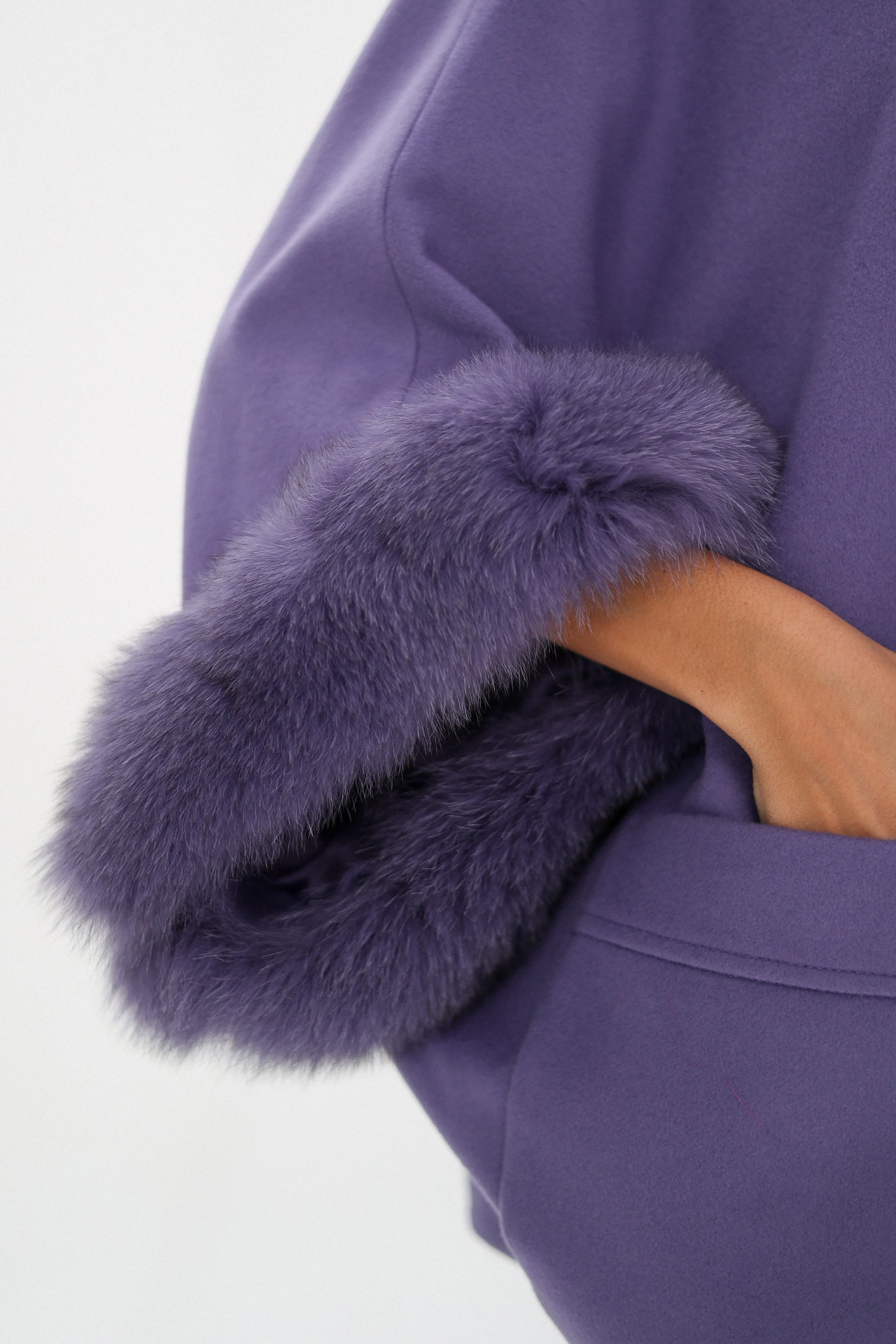 Genuine Polar Fox Fur Cashmere Blend Coat in Moonlit Orchid