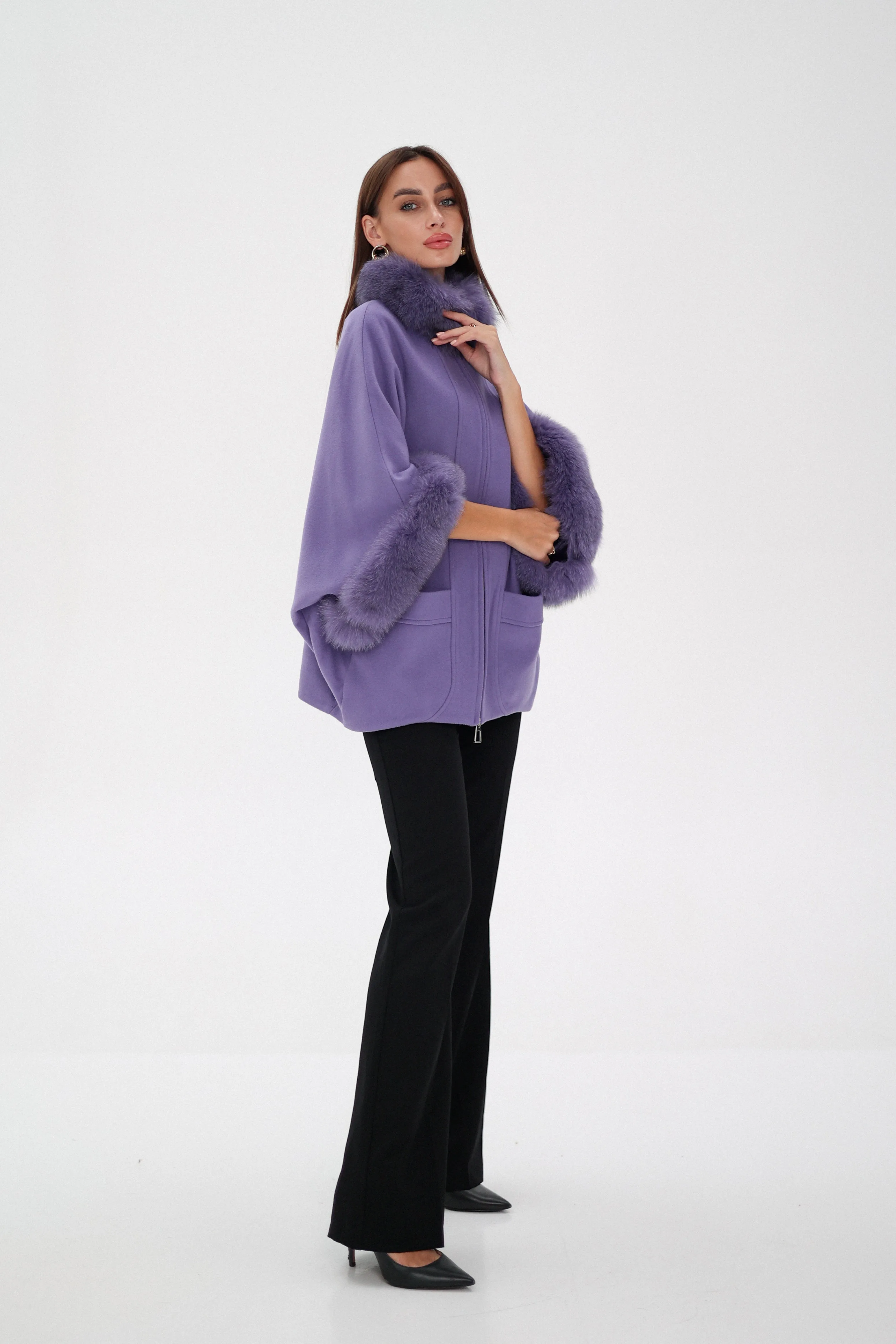 Genuine Polar Fox Fur Cashmere Blend Coat in Moonlit Orchid