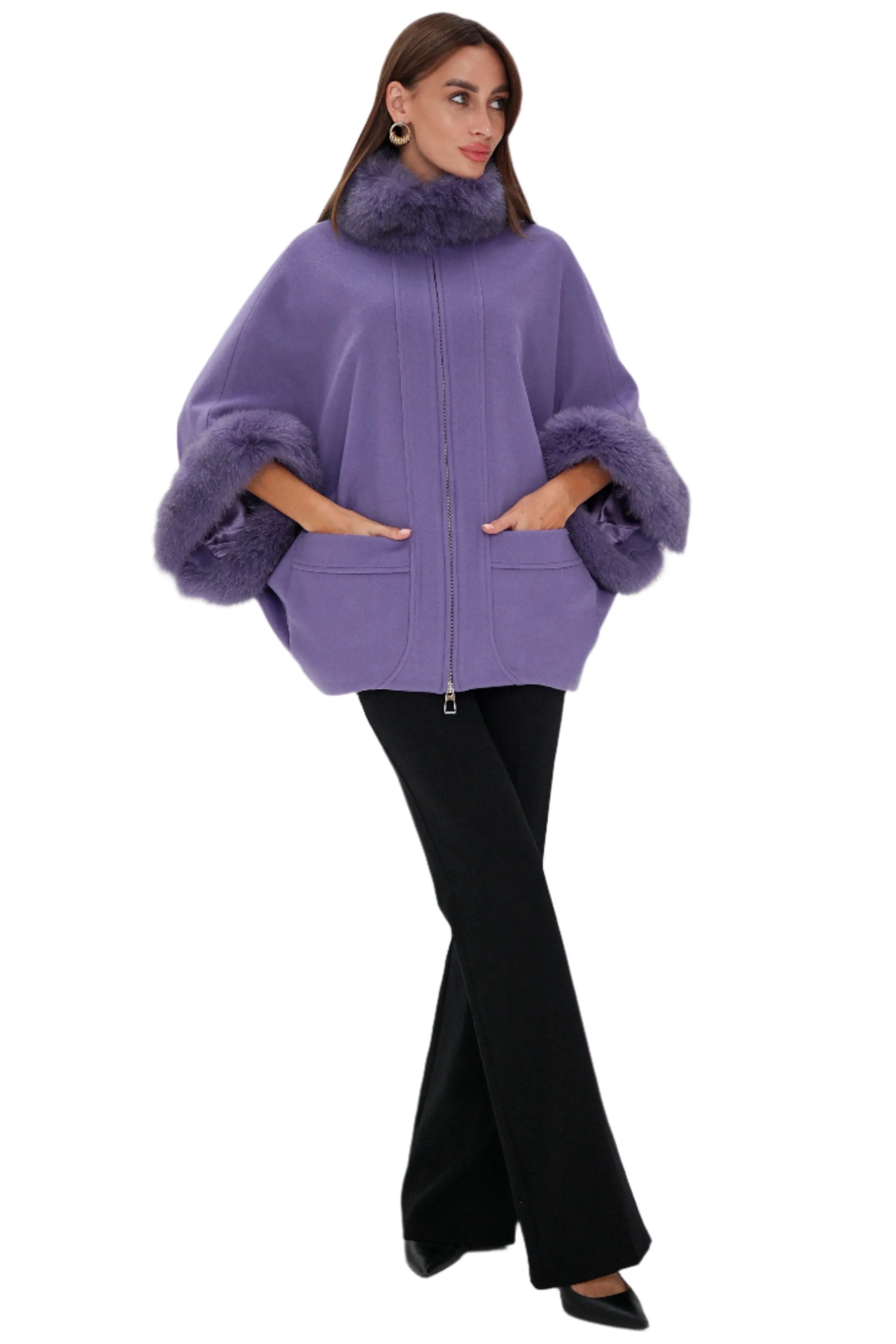 Genuine Polar Fox Fur Cashmere Blend Coat in Moonlit Orchid