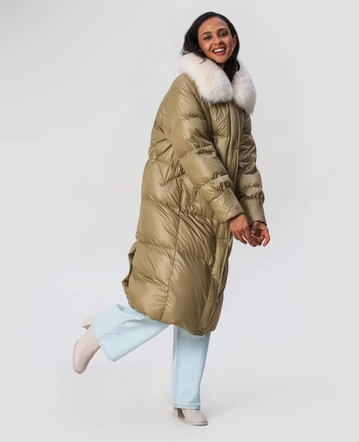 Genuine Polar Fox Fur Trim Down Insulated Coat