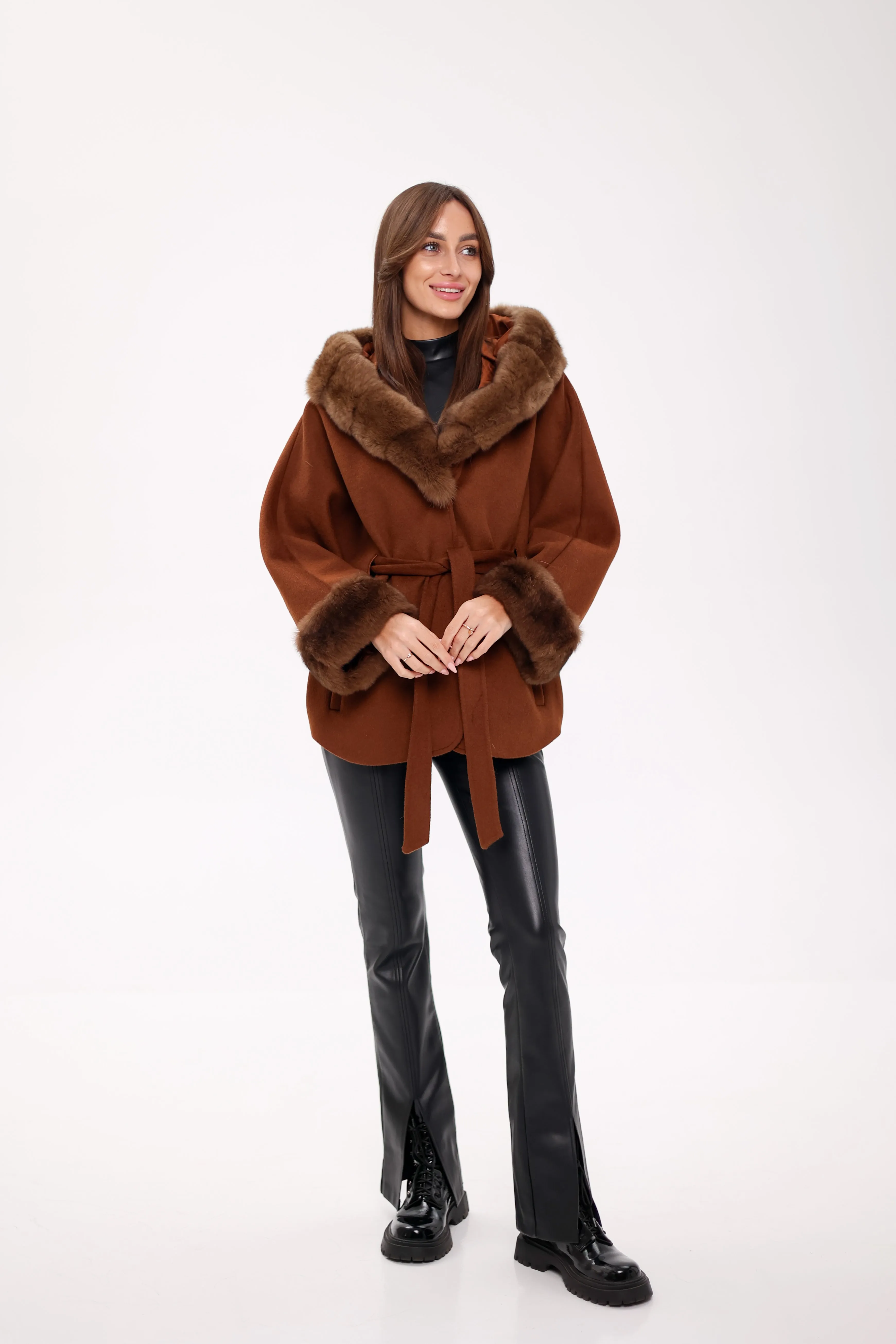 Genuine Polar Fox Fur Wool Hooded Coat