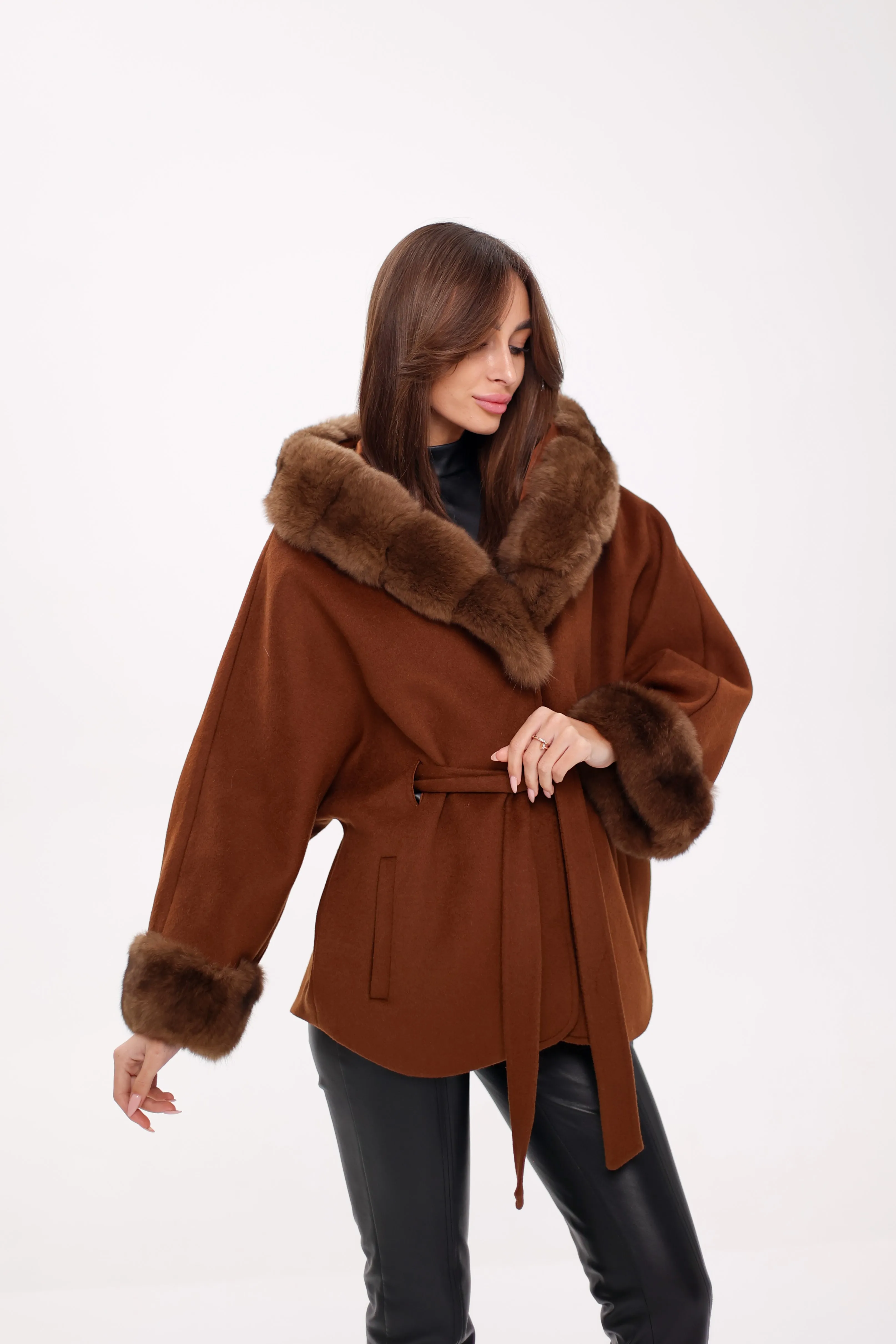 Genuine Polar Fox Fur Wool Hooded Coat