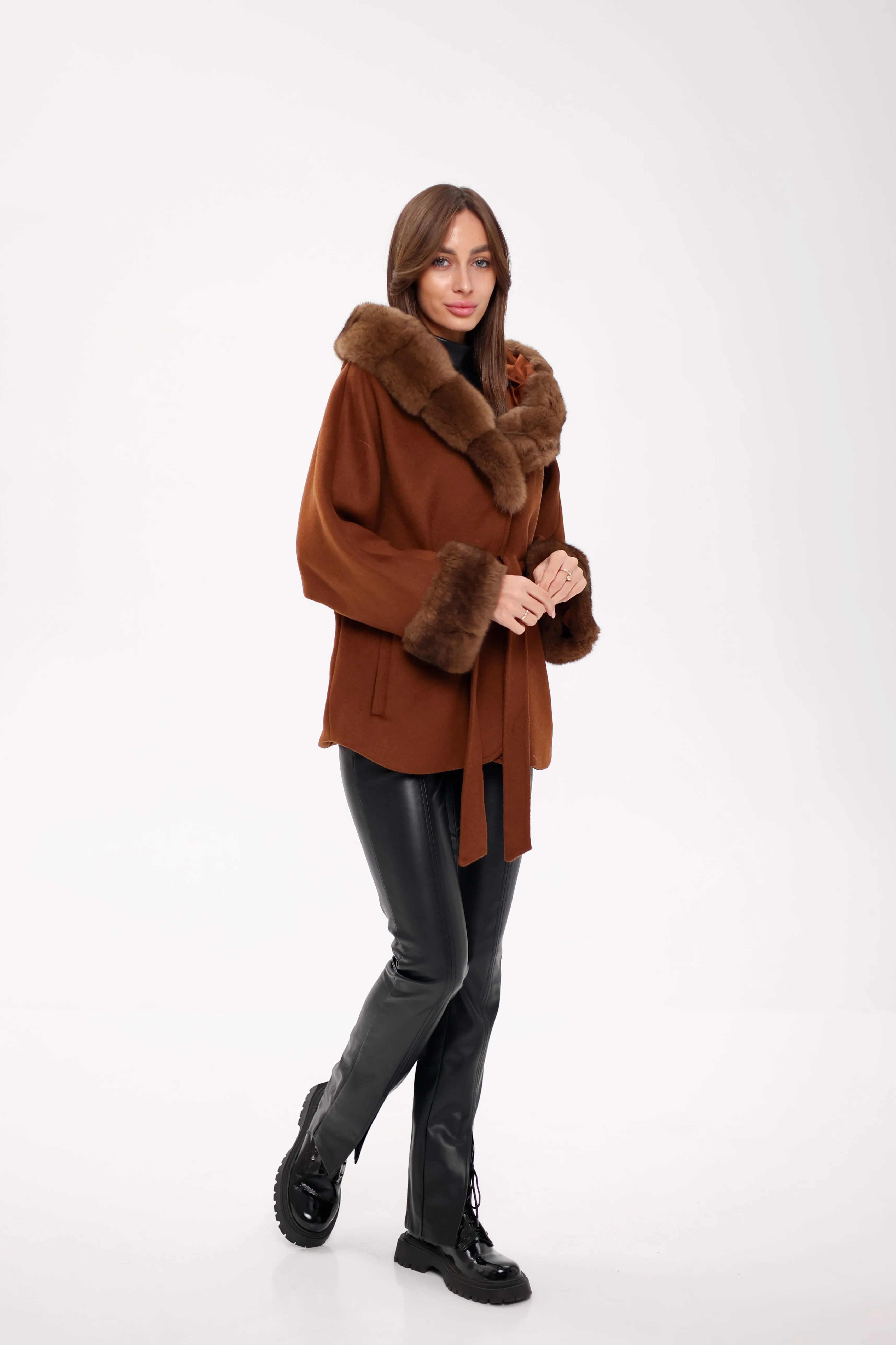 Genuine Polar Fox Fur Wool Hooded Coat