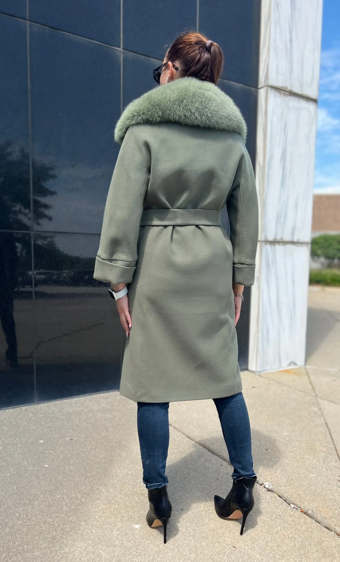 Genuine Polar Fox Tailored Cashmere Wool Coat