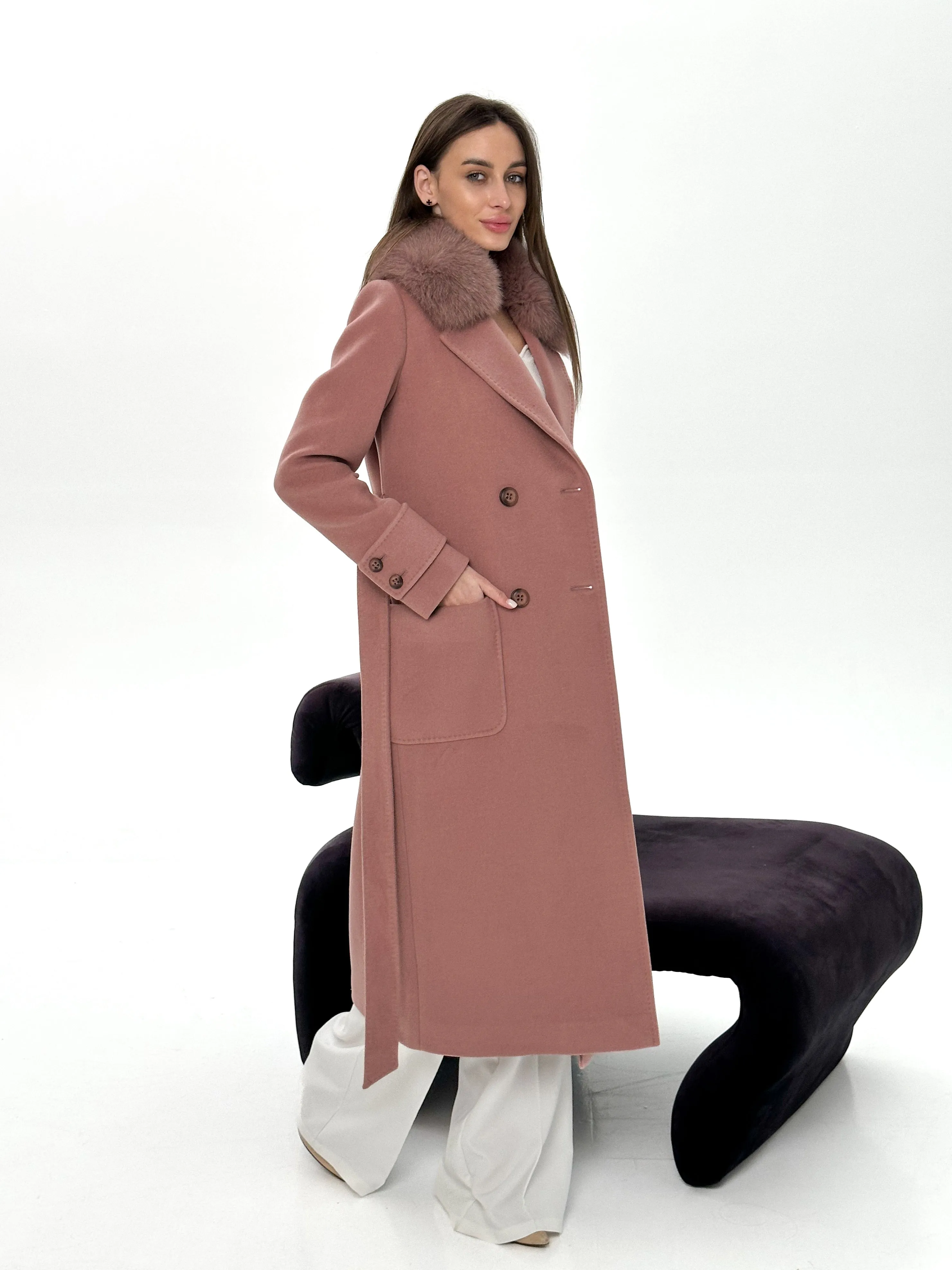 Genuine Polar Fox Tailored Cashmere Wool Coat