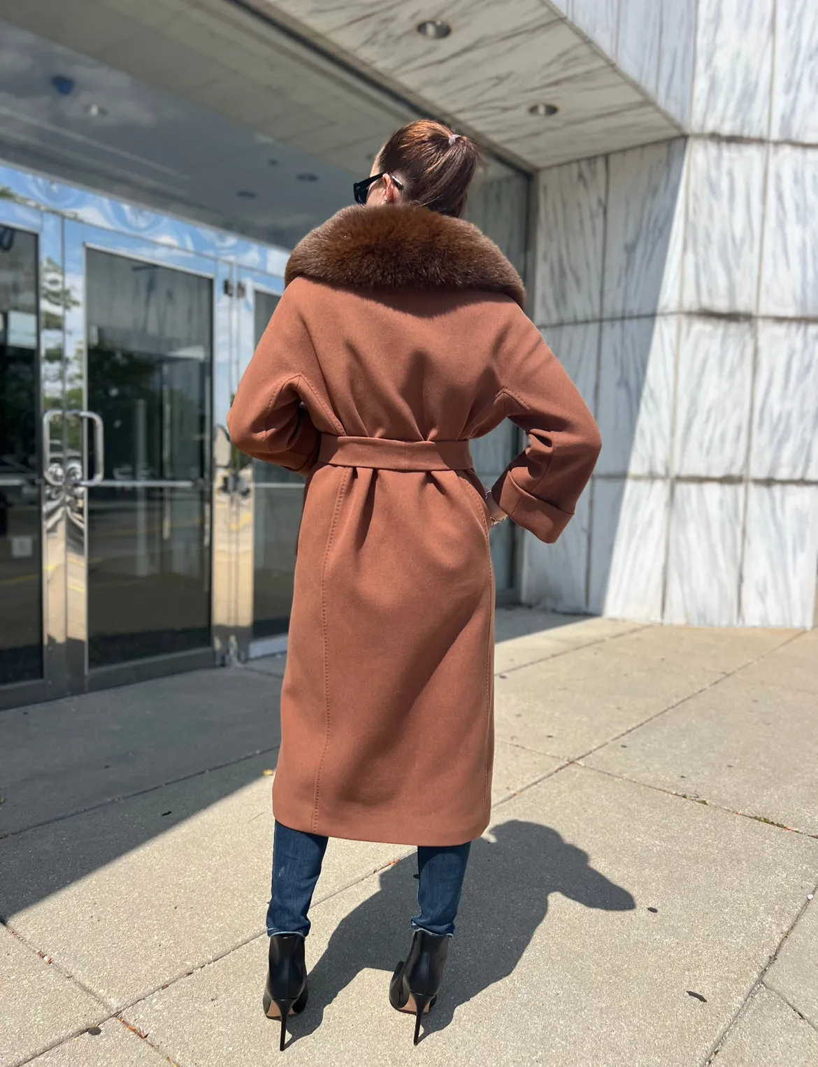 Genuine Polar Fox Tailored Cashmere Wool Coat