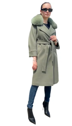 Genuine Polar Fox Tailored Cashmere Wool Coat