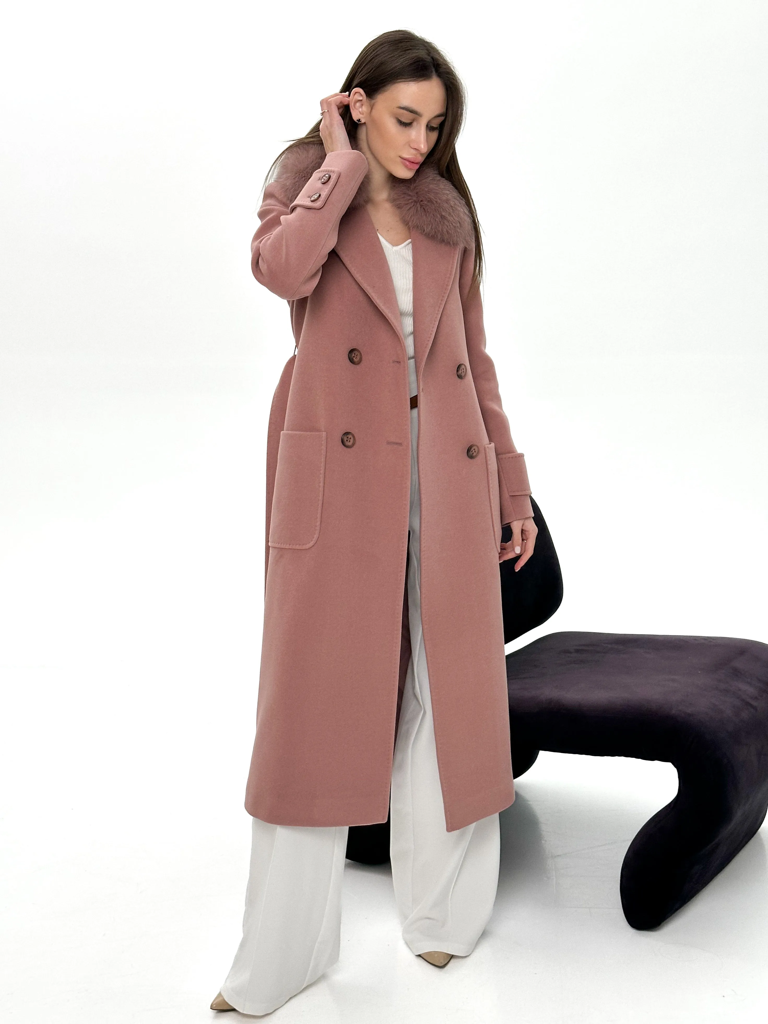 Genuine Polar Fox Tailored Cashmere Wool Coat