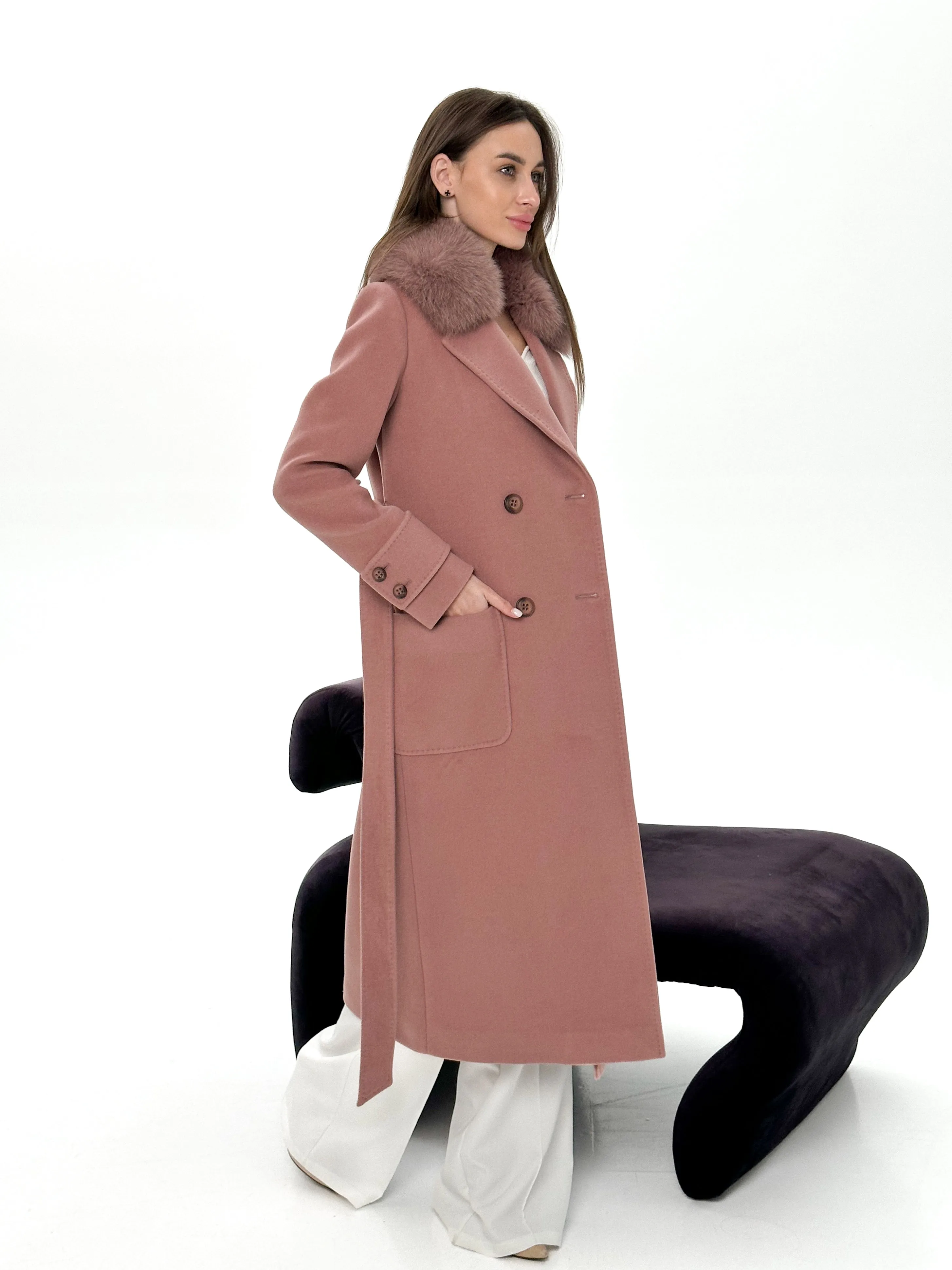 Genuine Polar Fox Tailored Cashmere Wool Coat