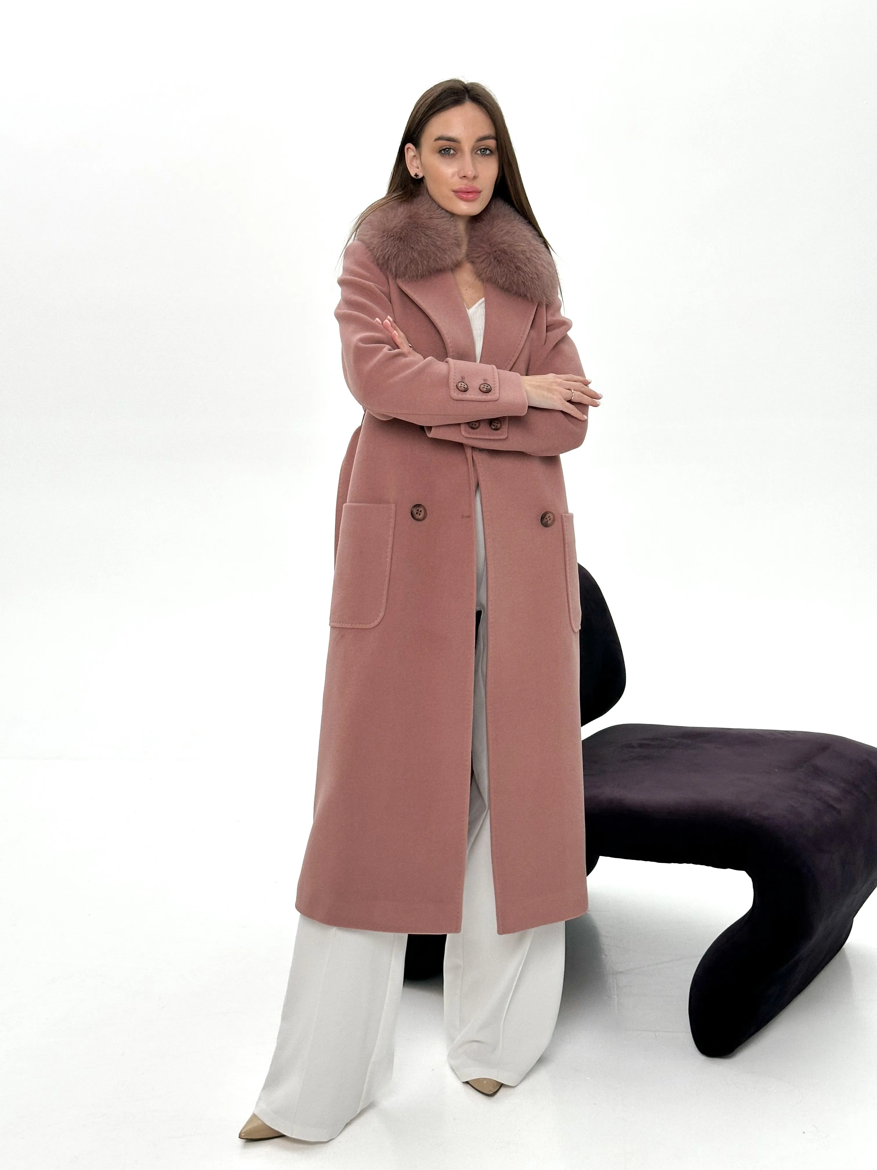 Genuine Polar Fox Tailored Cashmere Wool Coat