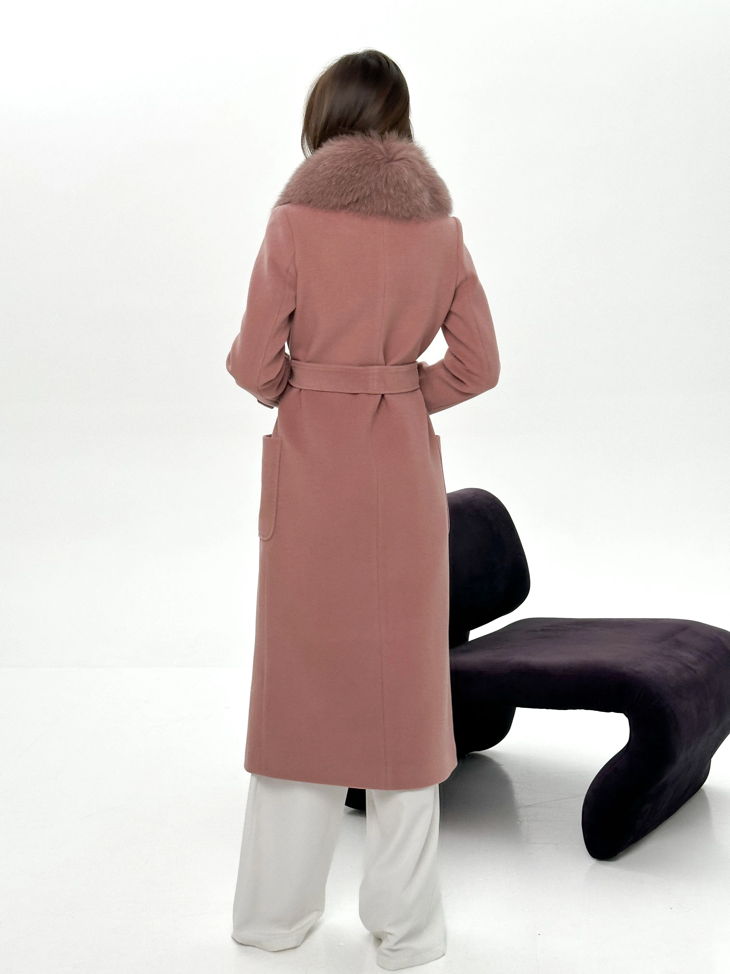 Genuine Polar Fox Tailored Cashmere Wool Coat