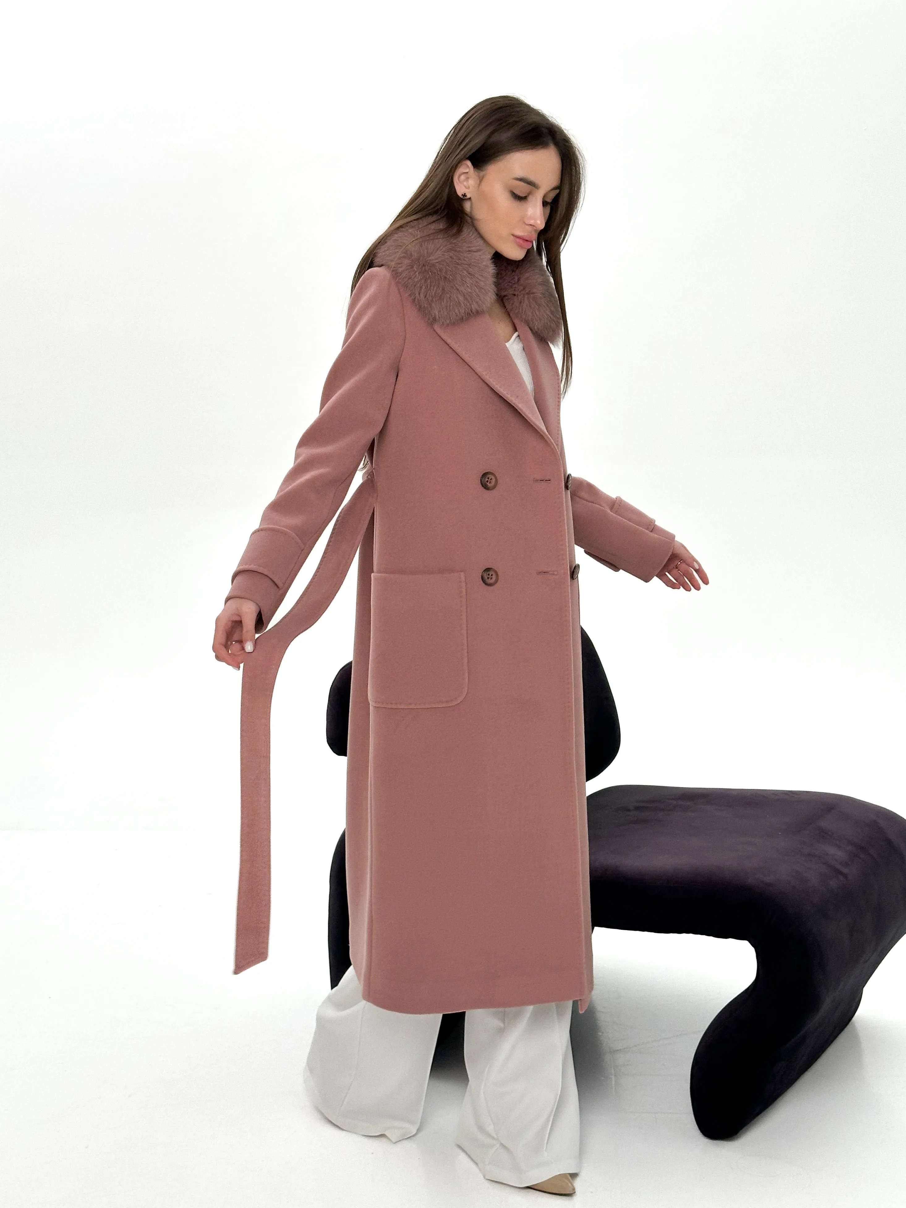 Genuine Polar Fox Tailored Cashmere Wool Coat