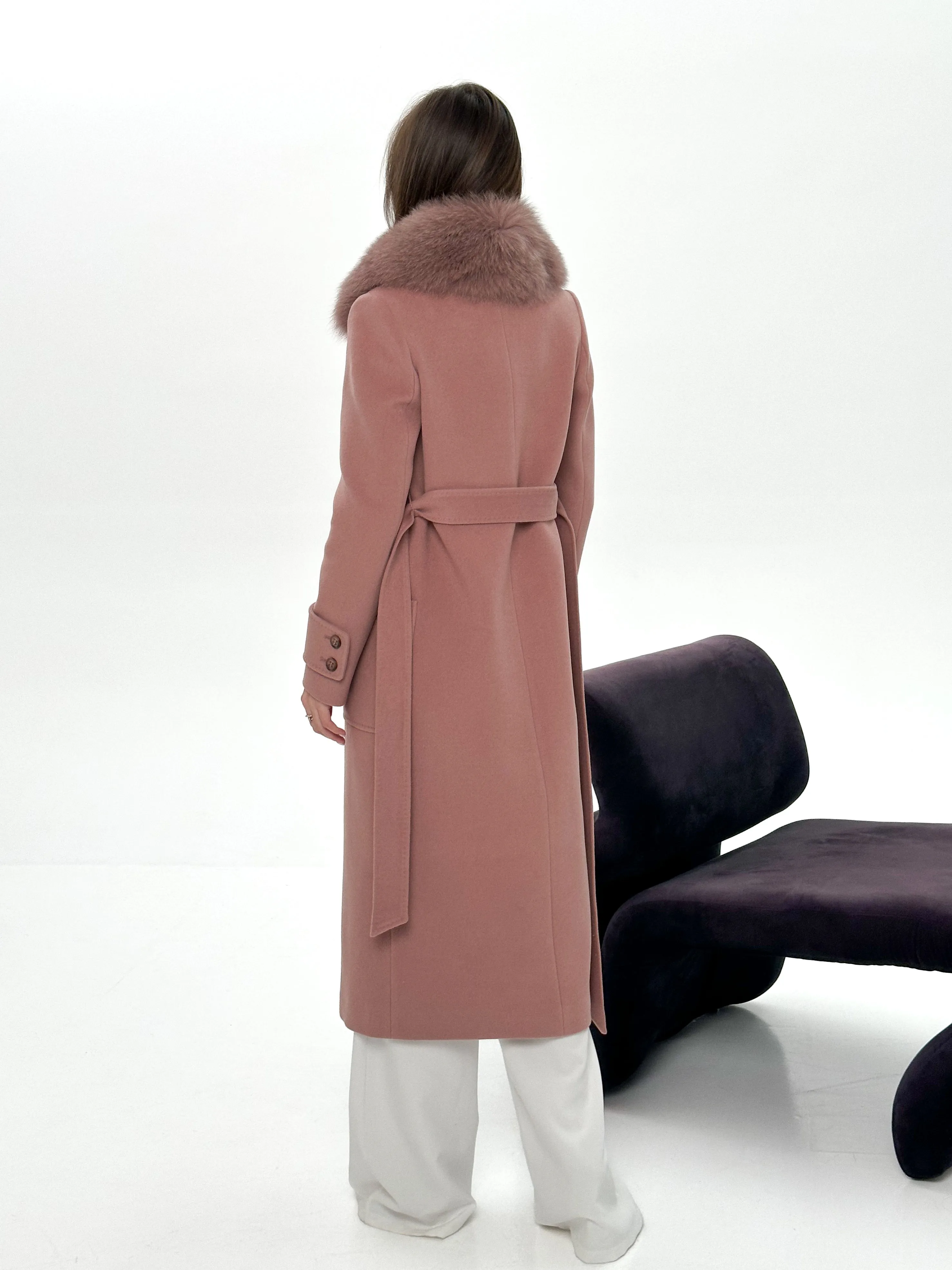 Genuine Polar Fox Tailored Cashmere Wool Coat