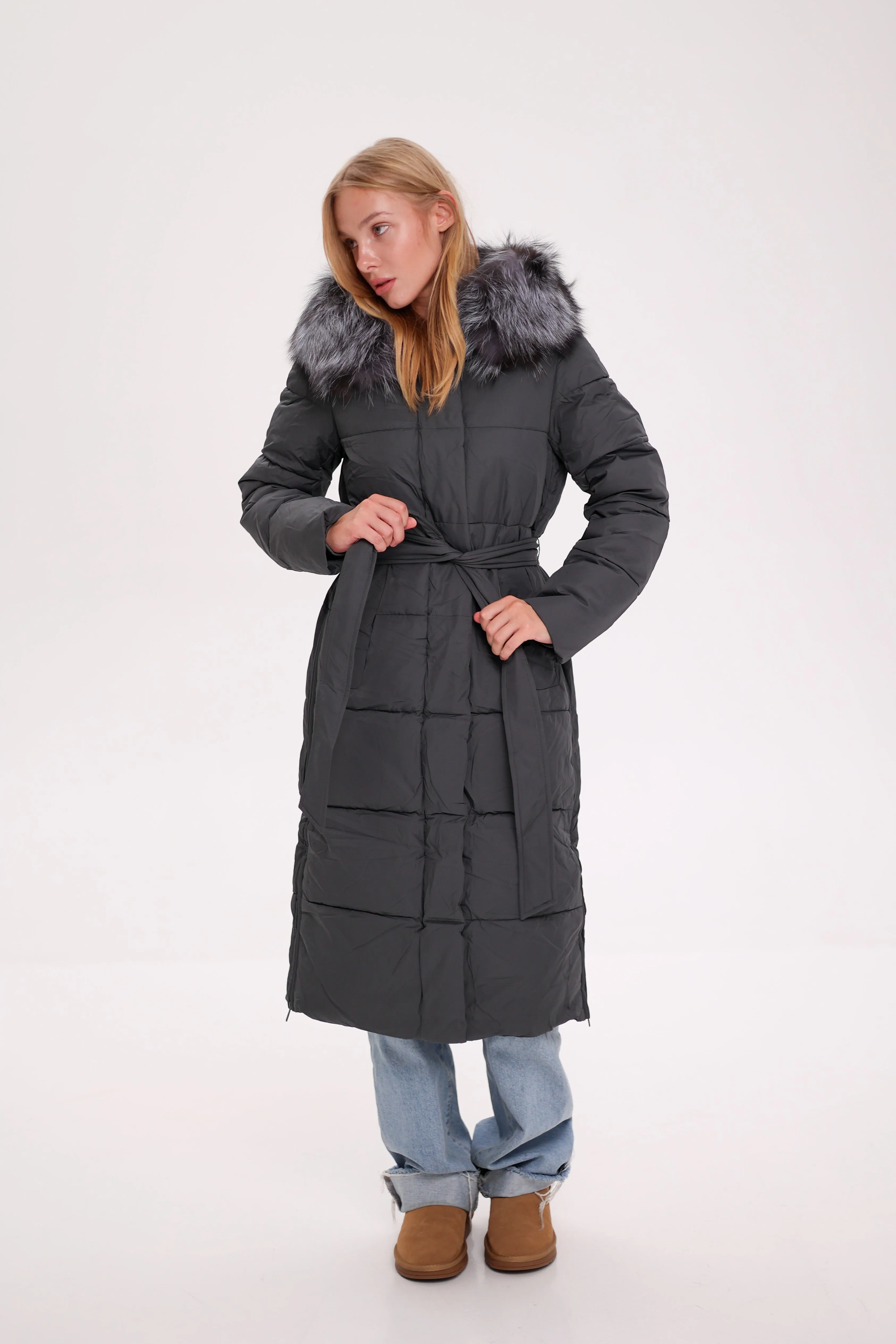 Genuine Silver Fox Belted Winter Insulated Coat