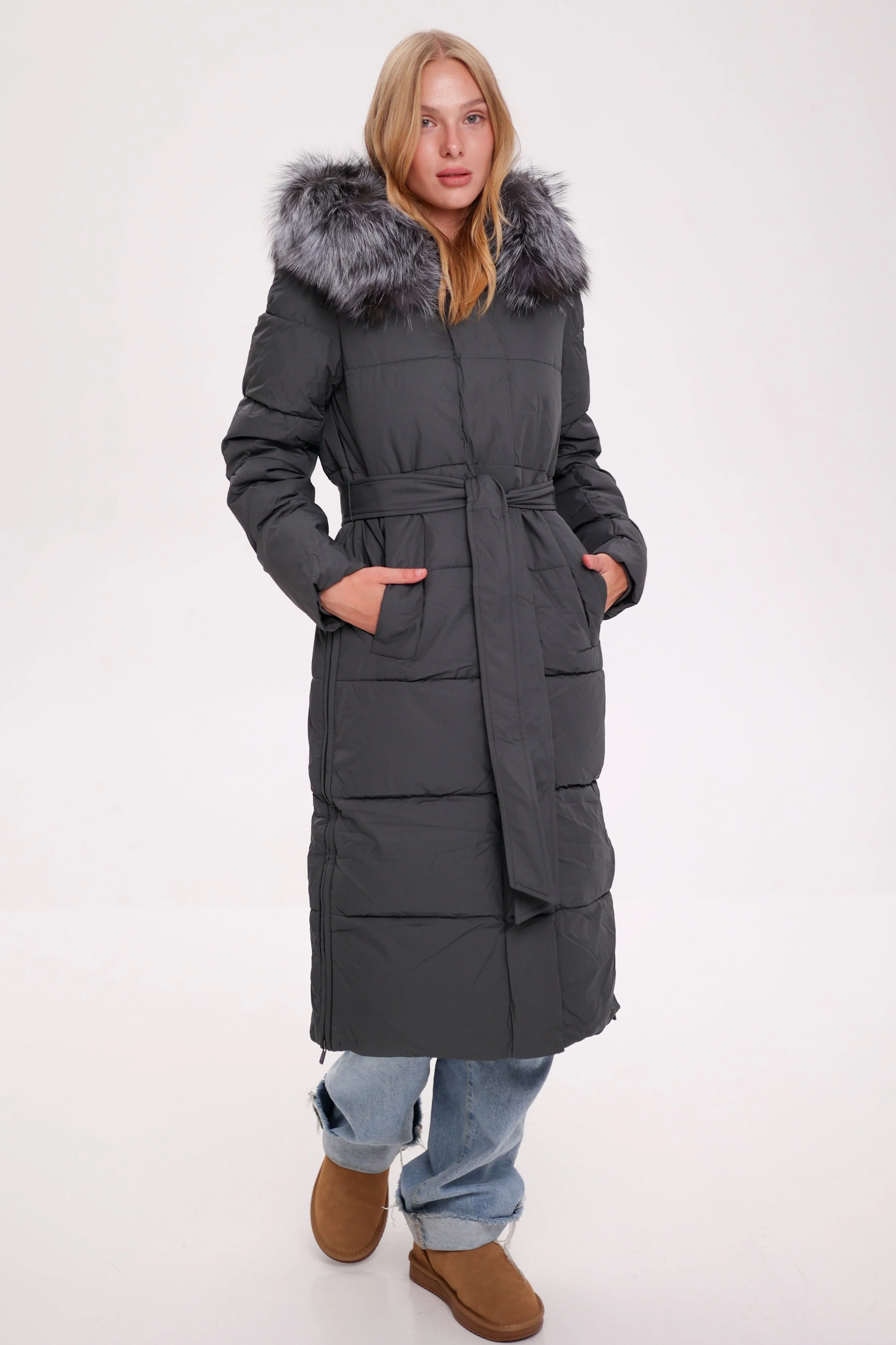 Genuine Silver Fox Belted Winter Insulated Coat