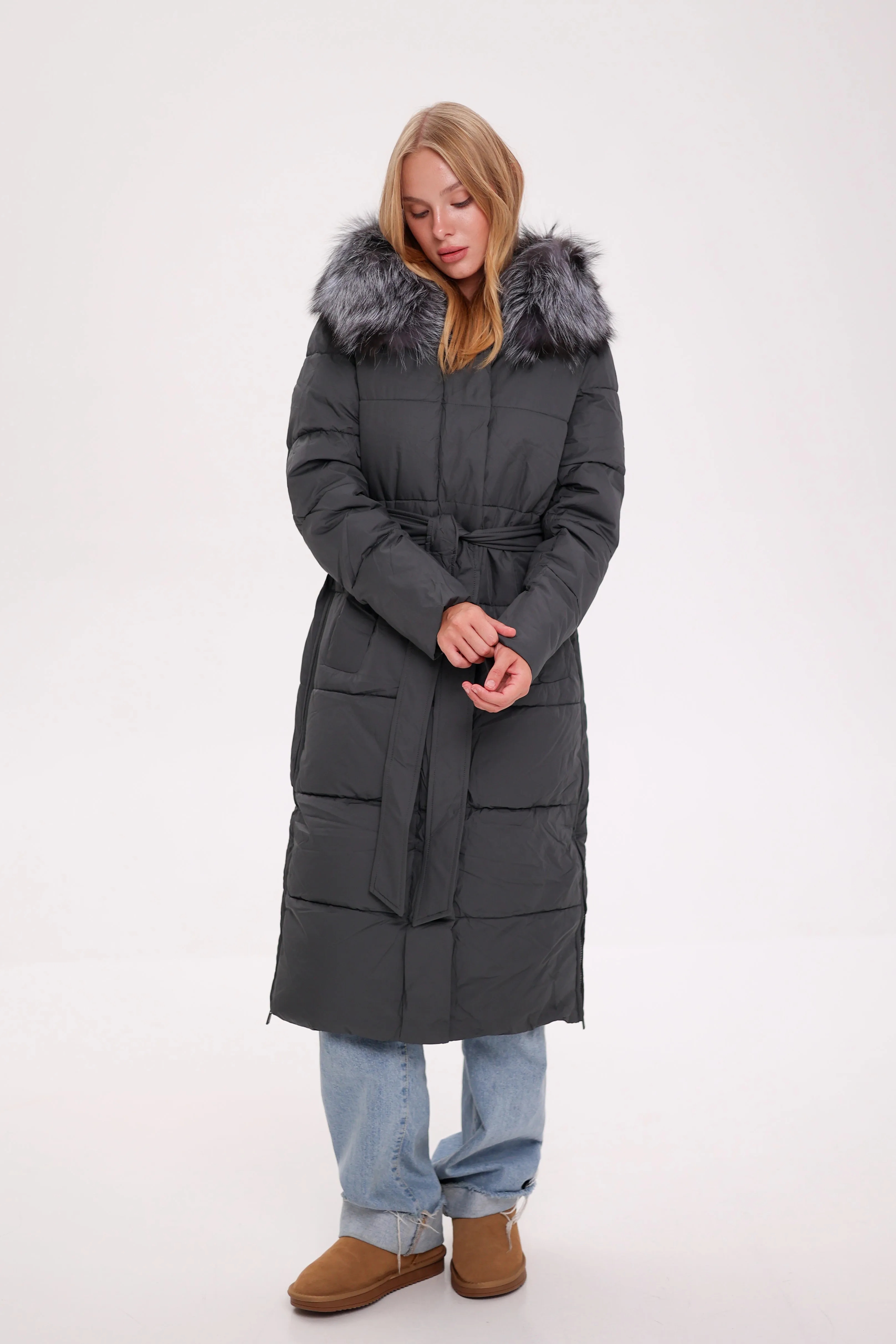 Genuine Silver Fox Belted Winter Insulated Coat