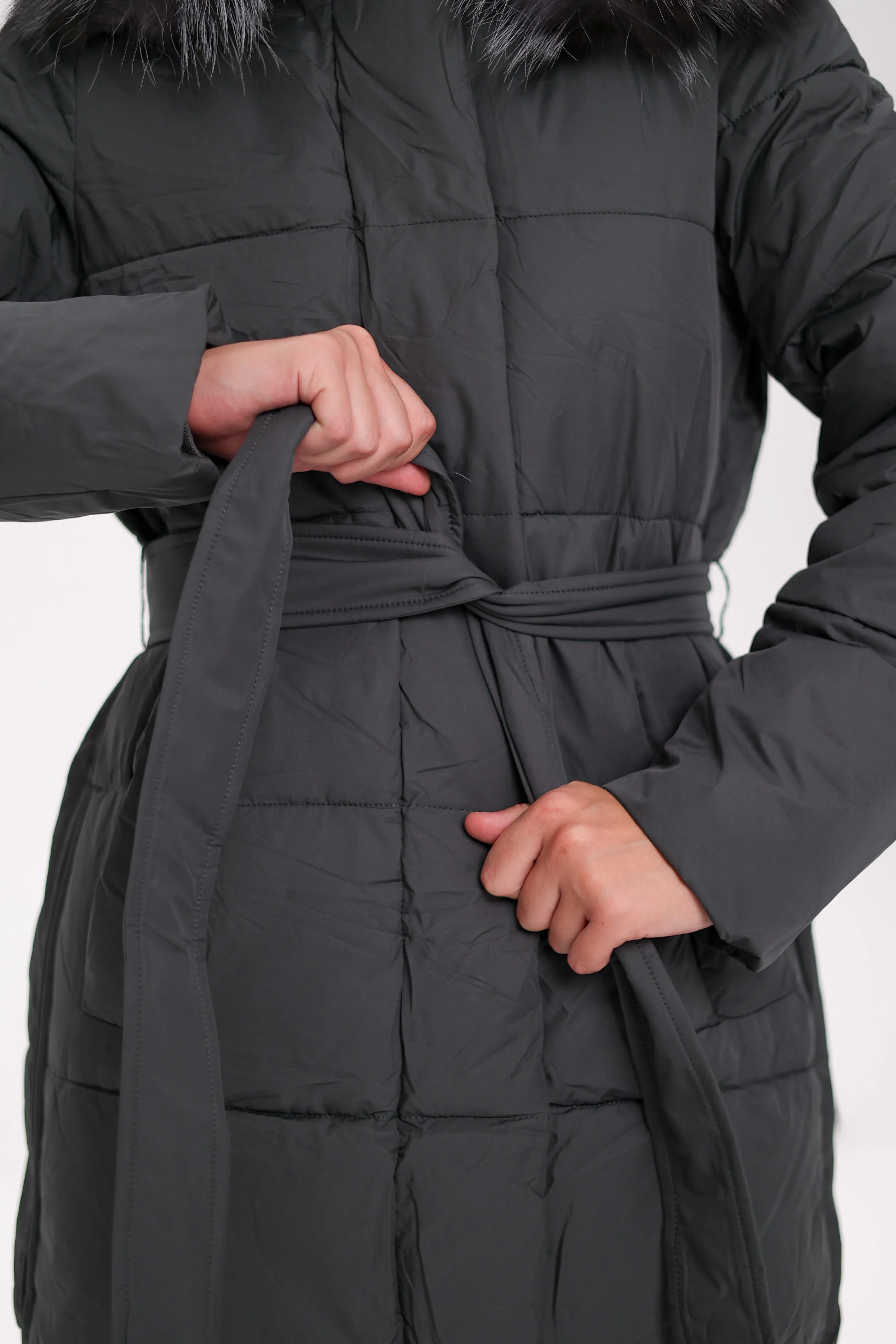 Genuine Silver Fox Belted Winter Insulated Coat