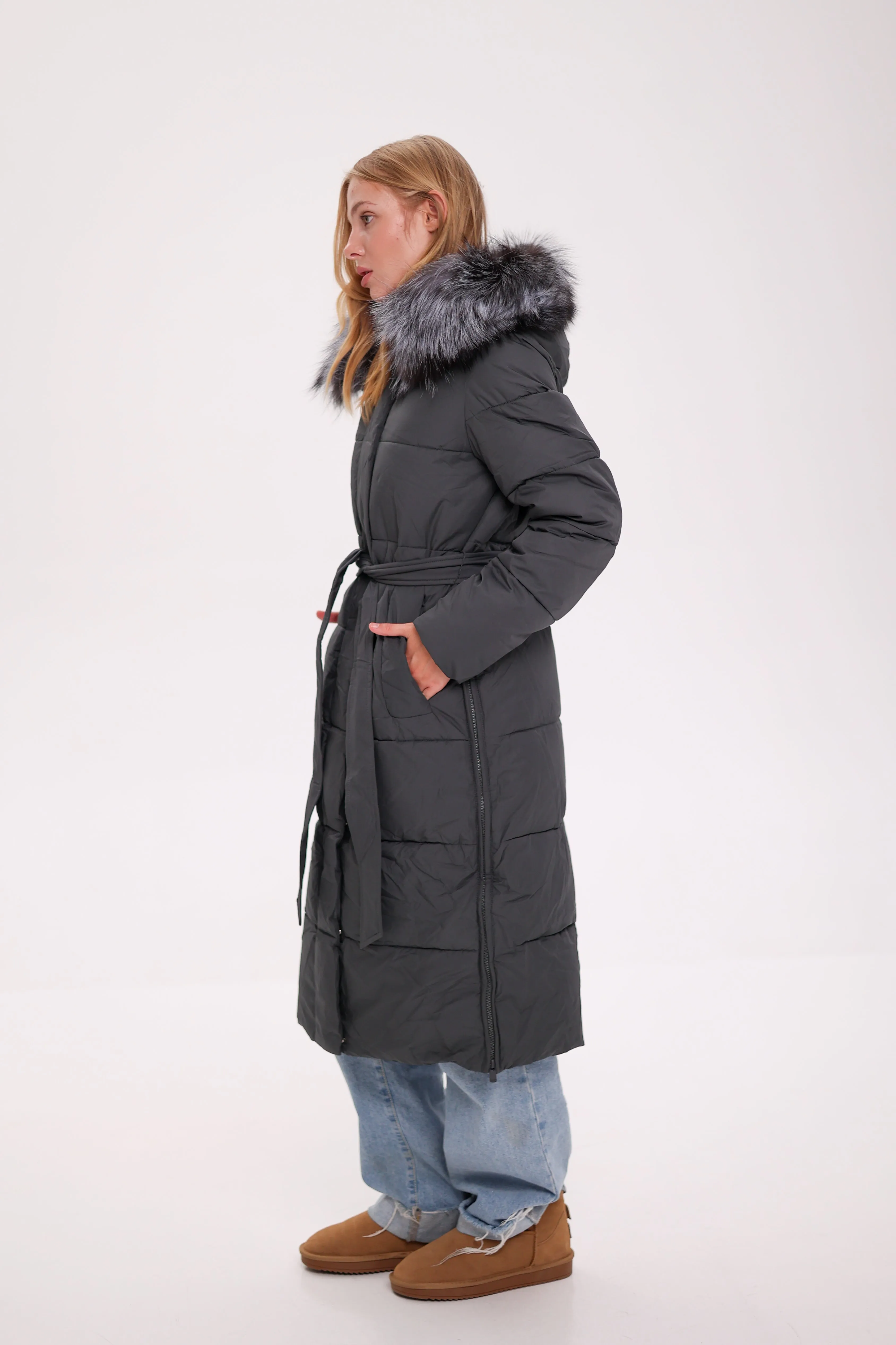 Genuine Silver Fox Belted Winter Insulated Coat