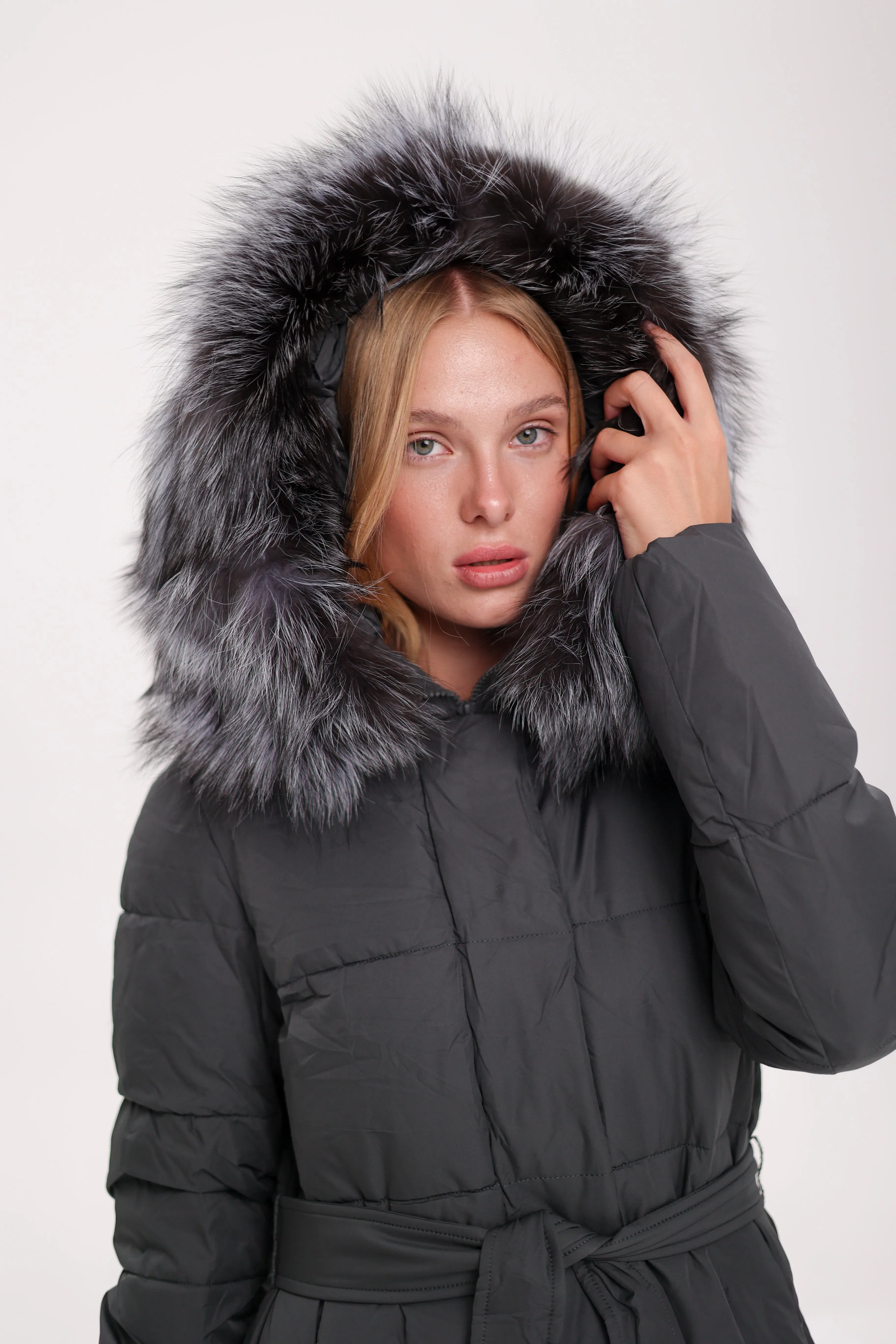 Genuine Silver Fox Belted Winter Insulated Coat