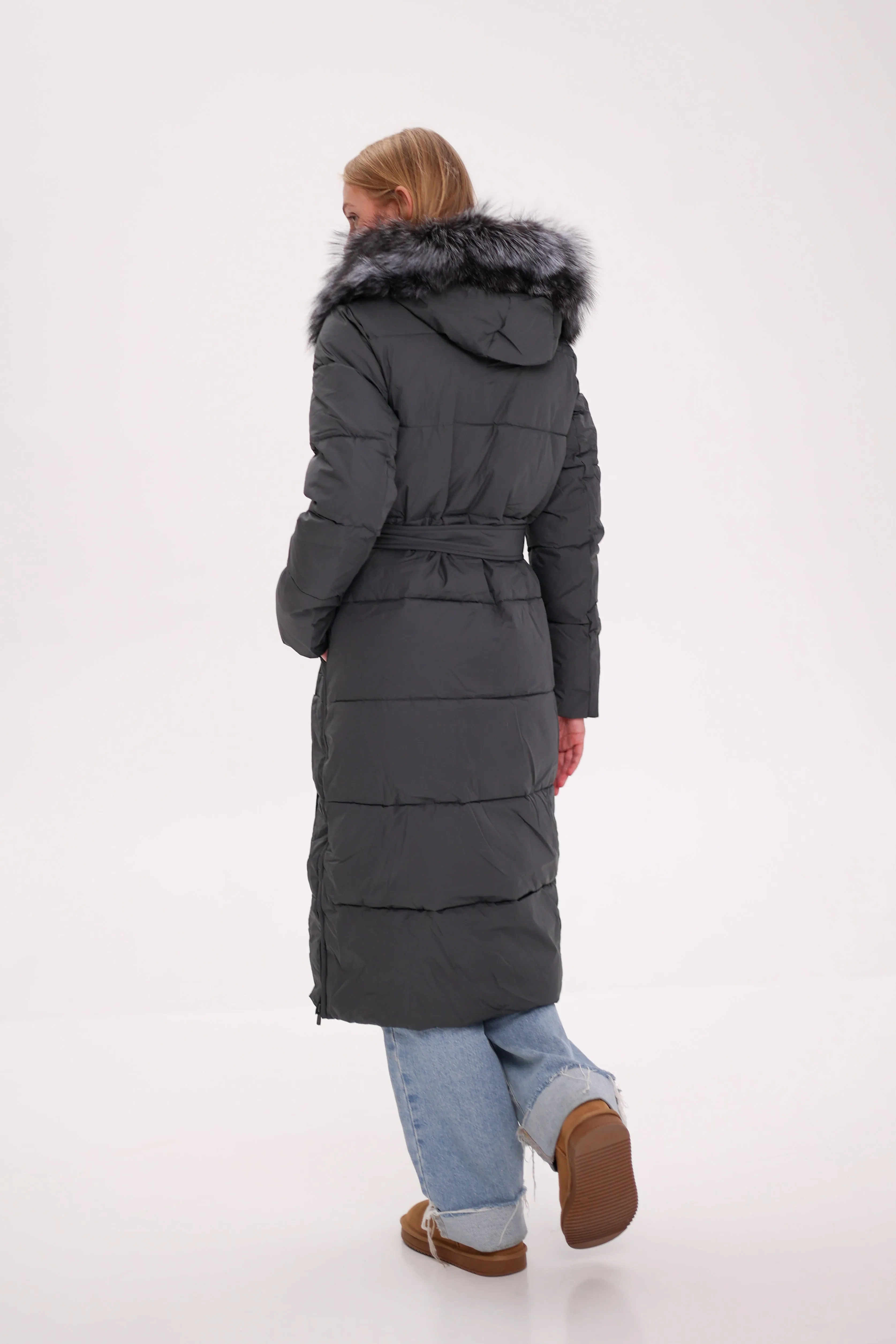 Genuine Silver Fox Belted Winter Insulated Coat